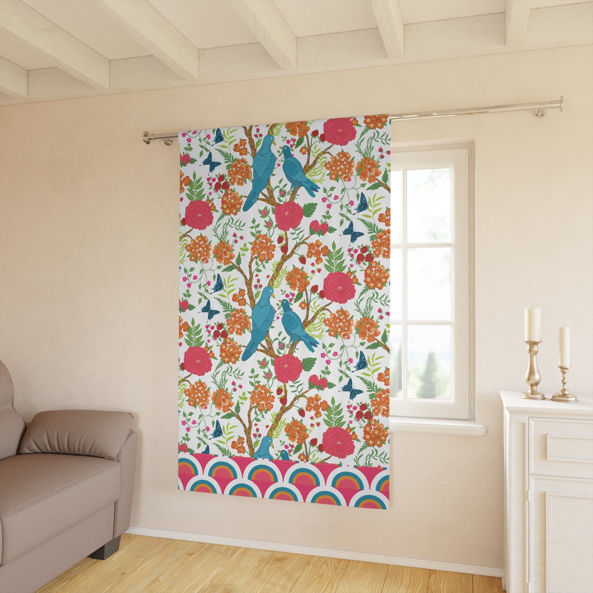 Modern Chinoiserie Fabric Window Curtain, Beautiful Exotic Birds, Floral, Dining Room, Living Room, Bedroom Curtains Home Decor Blackout / 50" × 84"