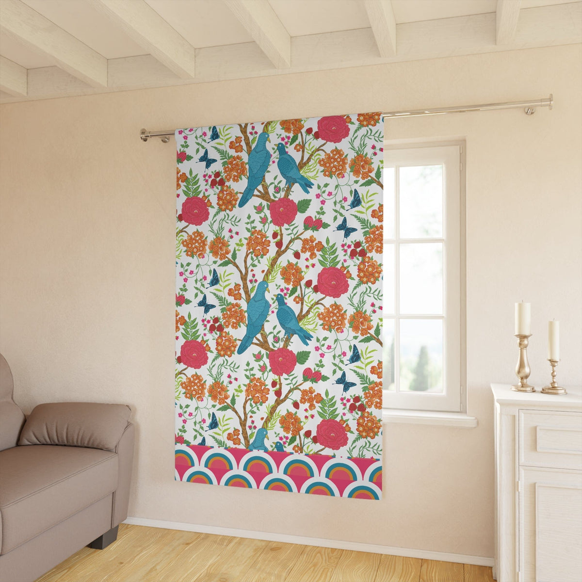 Modern Chinoiserie Fabric Window Curtain, Beautiful Exotic Birds, Floral, Dining Room, Living Room, Bedroom Curtains Home Decor Blackout / 50" × 84"