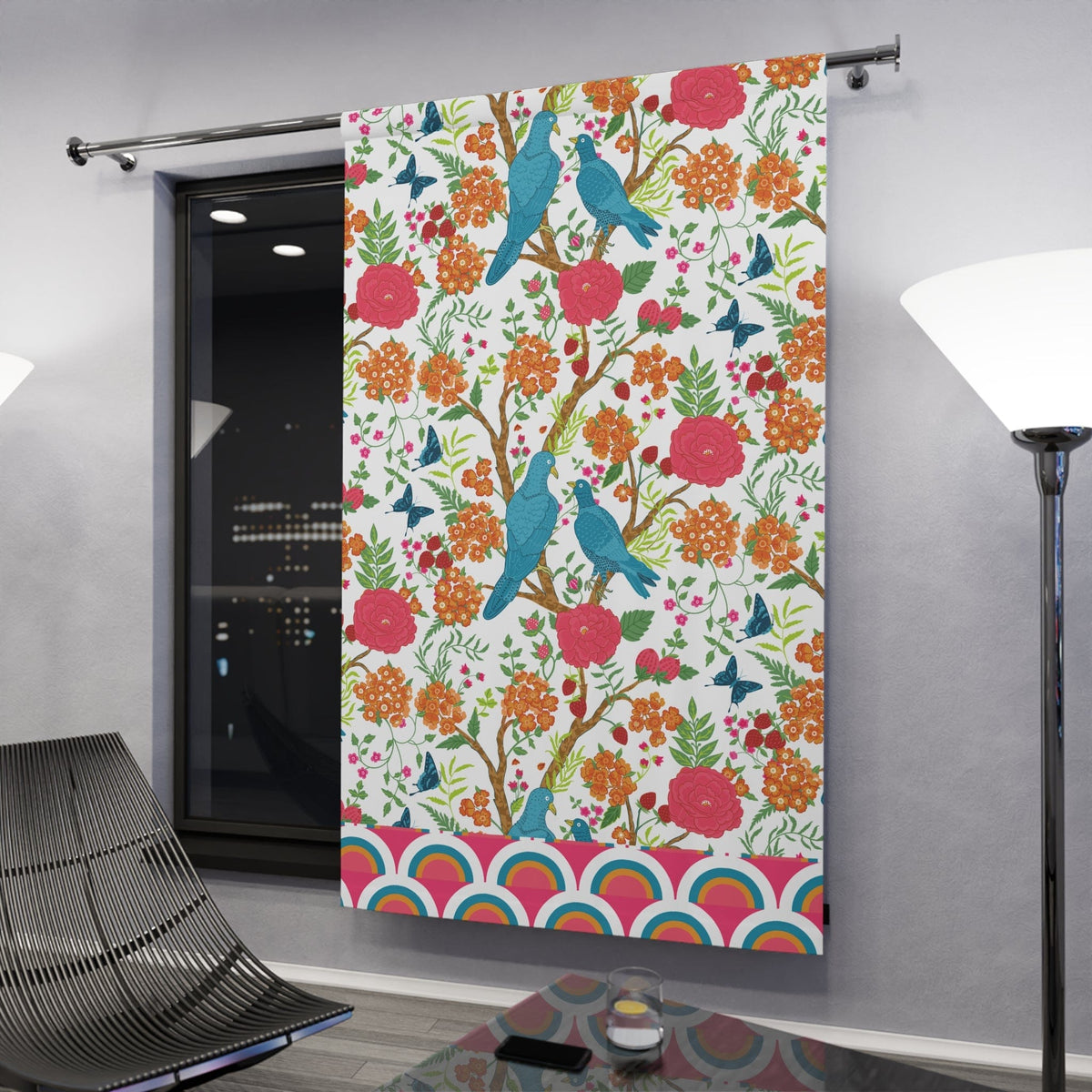 Modern Chinoiserie Fabric Window Curtain, Beautiful Exotic Birds, Floral, Dining Room, Living Room, Bedroom Curtains Home Decor Blackout / 50" × 84"