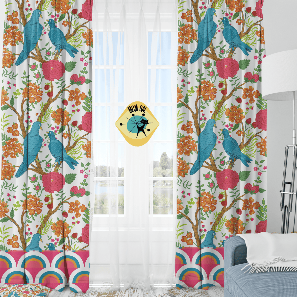 Modern Chinoiserie Fabric Window Curtain, Beautiful Exotic Birds, Floral, Dining Room, Living Room, Bedroom Curtains Home Decor Blackout / 50" × 84"