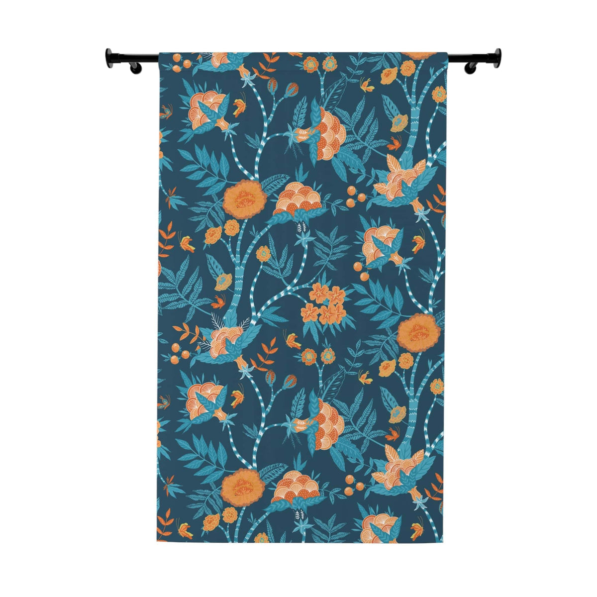 Modern Chinoiserie Fabric Window Curtain, Beautiful Exotic Blue, Orange, Floral Window Curtain Home Decor Blackout / 50" × 84"