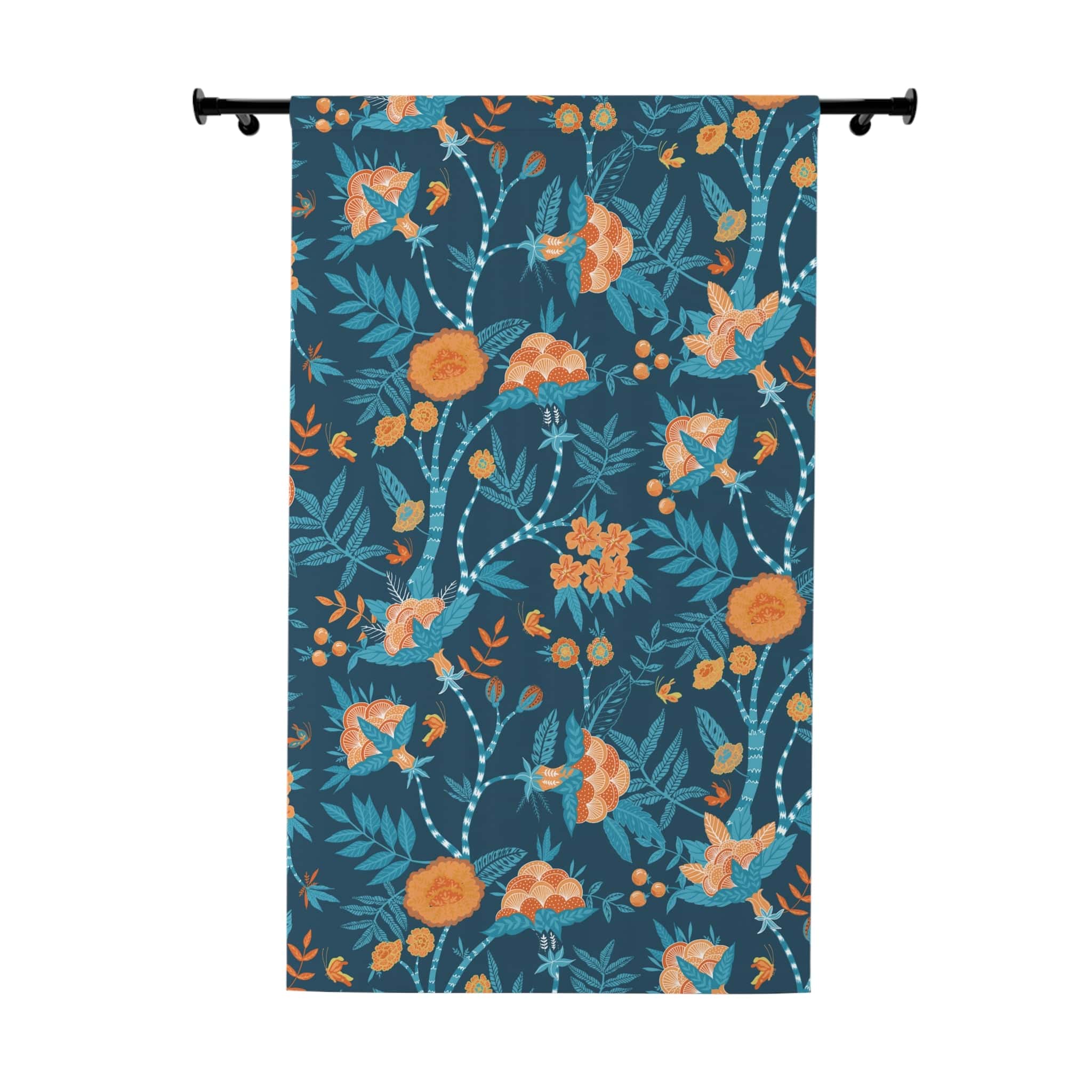Modern Chinoiserie Fabric Window Curtain, Beautiful Exotic Blue, Orange, Floral Window Curtain Home Decor Blackout / 50" × 84"
