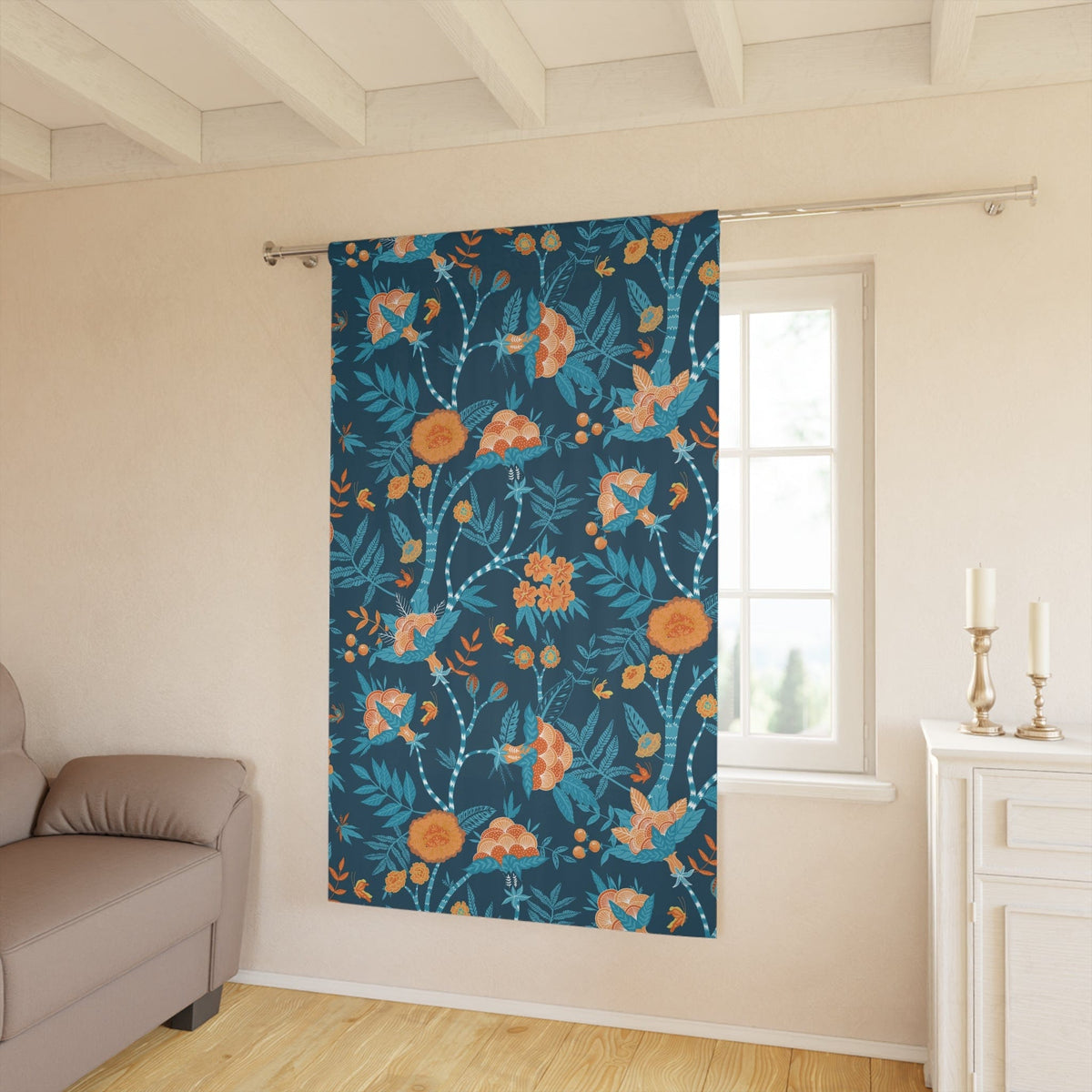 Modern Chinoiserie Fabric Window Curtain, Beautiful Exotic Blue, Orange, Floral Window Curtain Home Decor Blackout / 50" × 84"