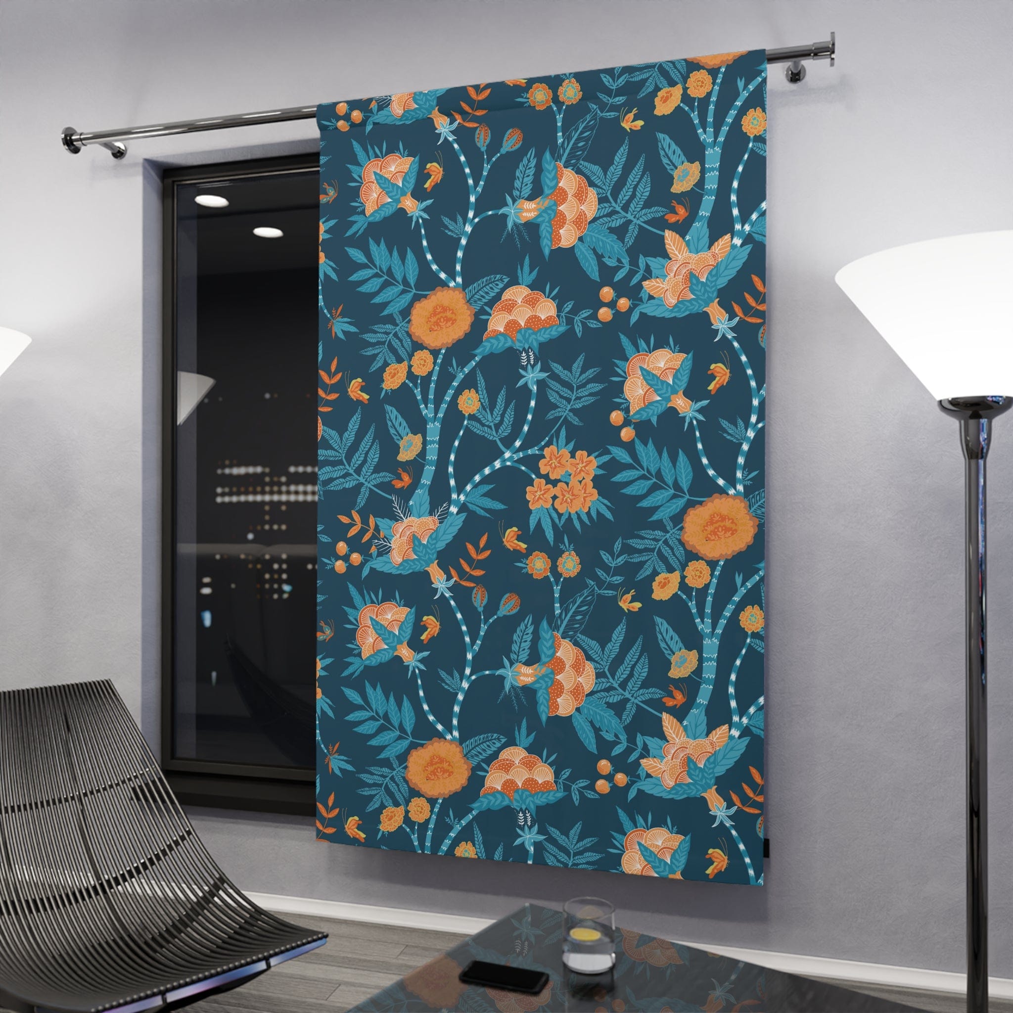 Modern Chinoiserie Fabric Window Curtain, Beautiful Exotic Blue, Orange, Floral Window Curtain Home Decor Blackout / 50" × 84"