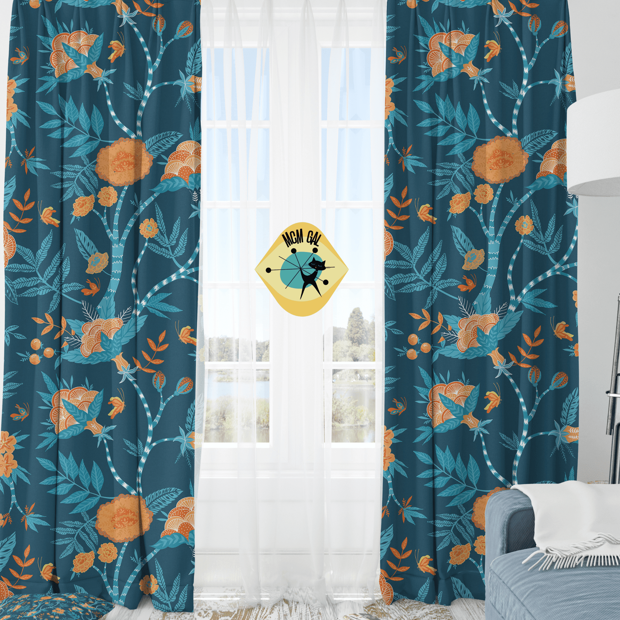 Modern Chinoiserie Fabric Window Curtain, Beautiful Exotic Blue, Orange, Floral Window Curtain Home Decor Blackout / 50" × 84"