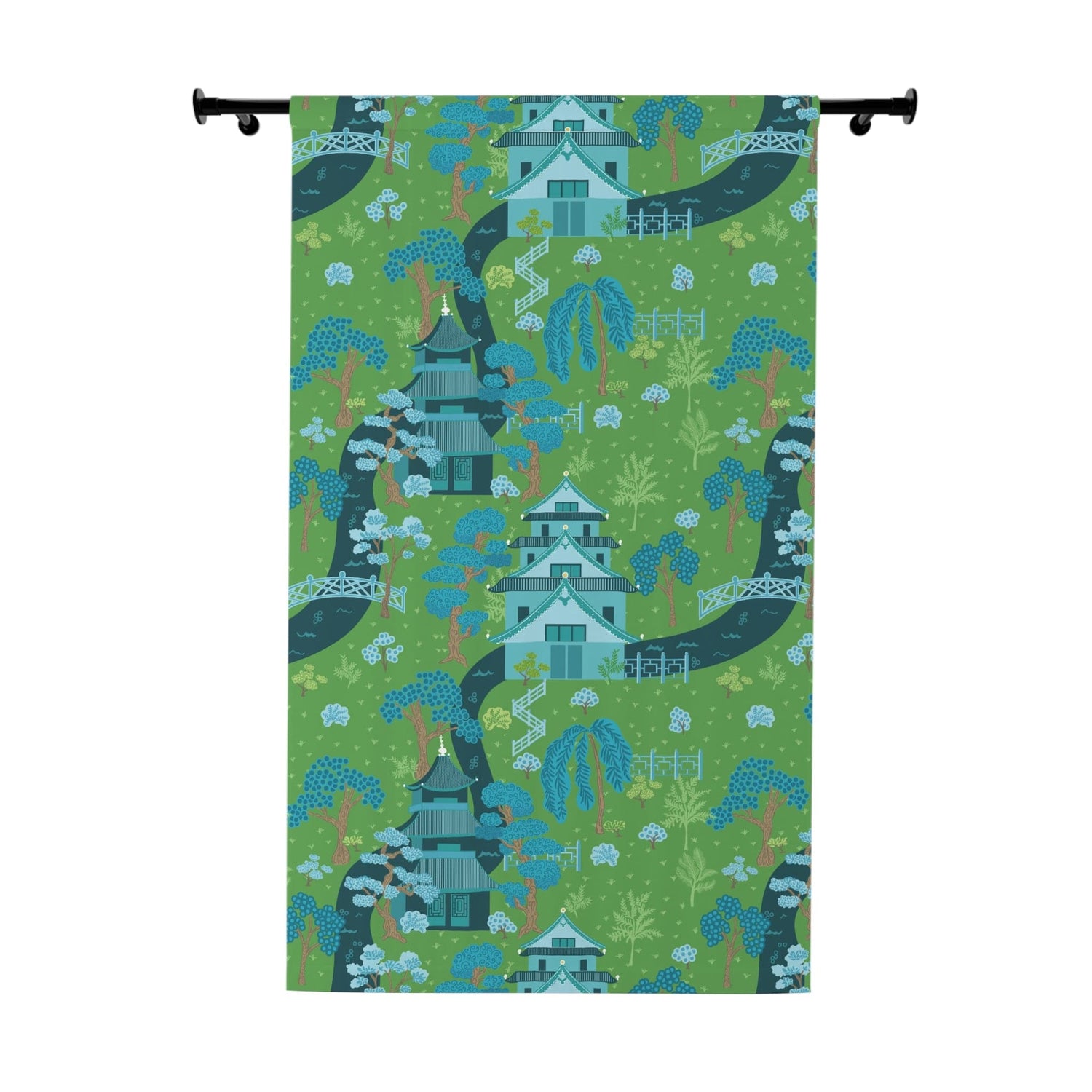 Modern Chinoiserie Fabric Window Curtain, Beautiful Exotic, Green, Blue Pagoda Design, Window Curtain Home Decor Blackout / 50" × 84"