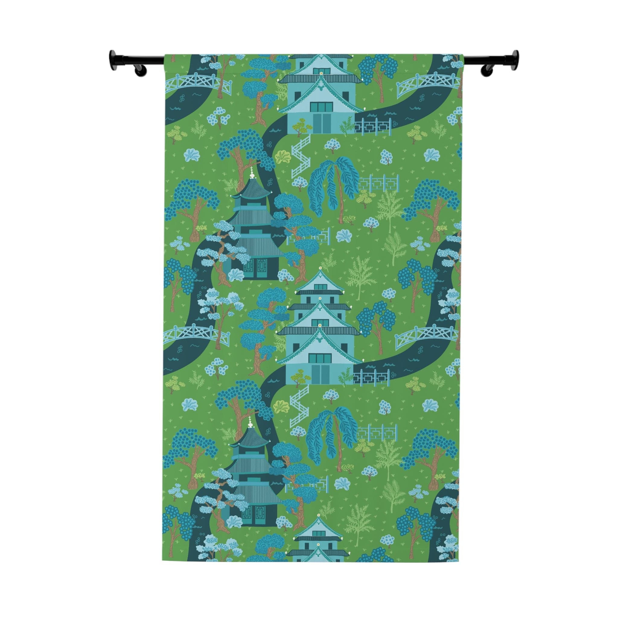 Modern Chinoiserie Fabric Window Curtain, Beautiful Exotic, Green, Blue Pagoda Design, Window Curtain Home Decor Blackout / 50" × 84"