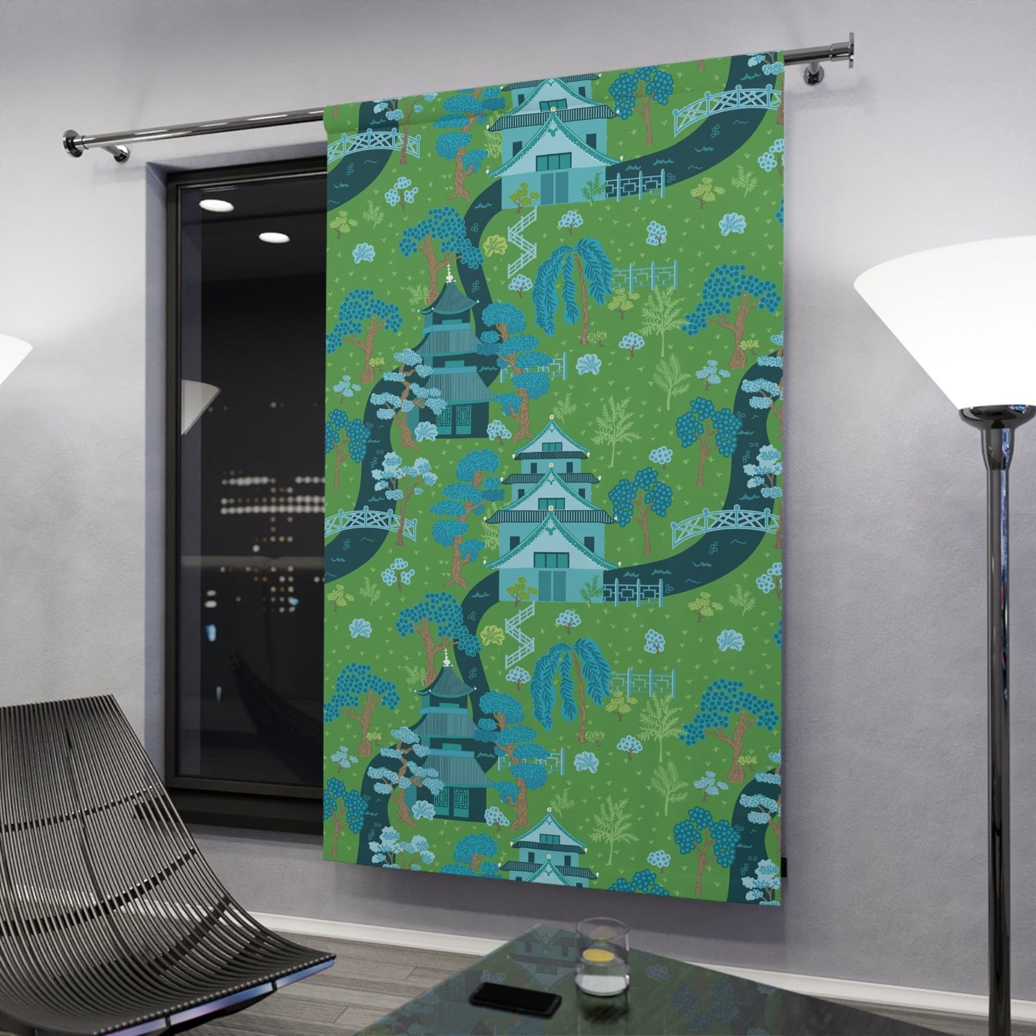 Modern Chinoiserie Fabric Window Curtain, Beautiful Exotic, Green, Blue Pagoda Design, Window Curtain Home Decor Blackout / 50" × 84"