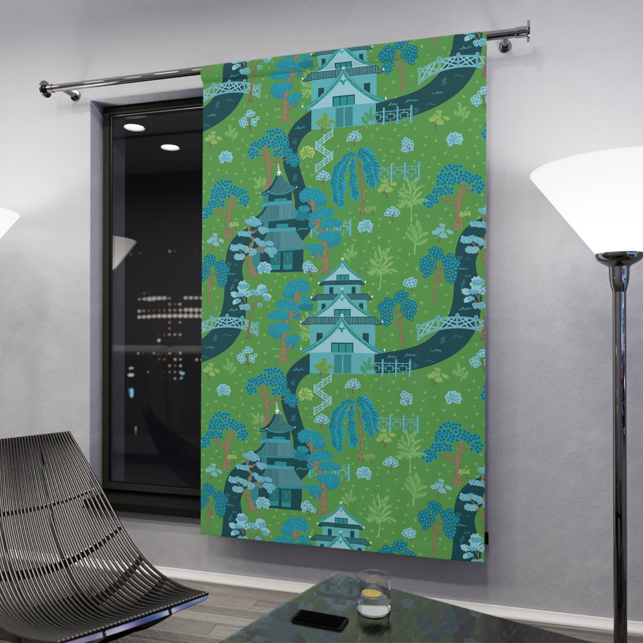 Modern Chinoiserie Fabric Window Curtain, Beautiful Exotic, Green, Blue Pagoda Design, Window Curtain Home Decor Blackout / 50" × 84"