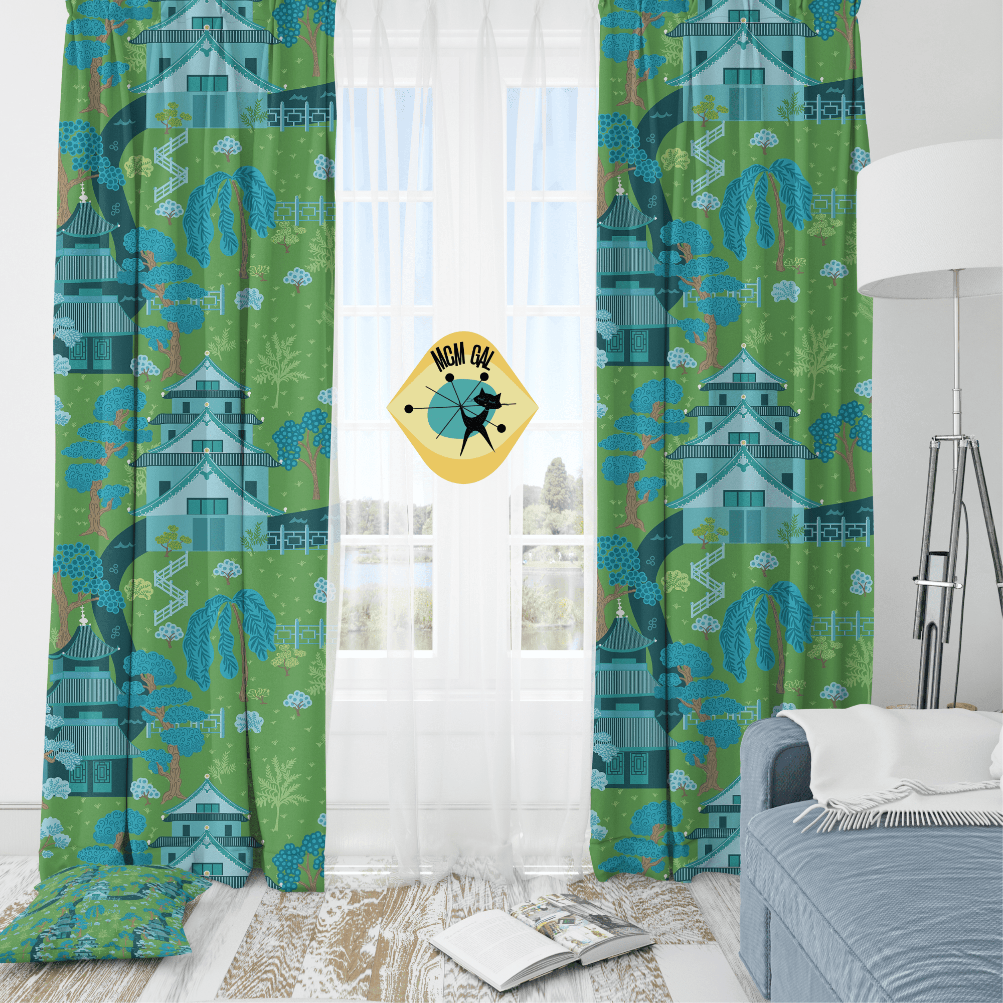 Modern Chinoiserie Fabric Window Curtain, Beautiful Exotic, Green, Blue Pagoda Design, Window Curtain Home Decor Blackout / 50" × 84"