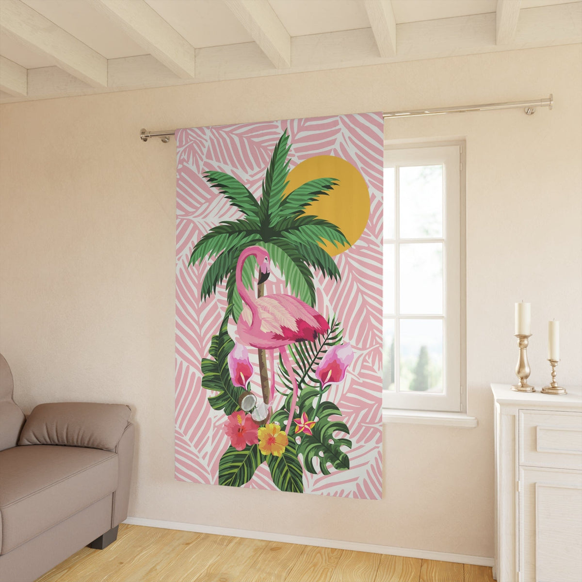 Pink Flamingo, Mid Mod 50's Tropical Tiki Window Curtains (1 Piece) Home Decor Blackout / 50" × 84"