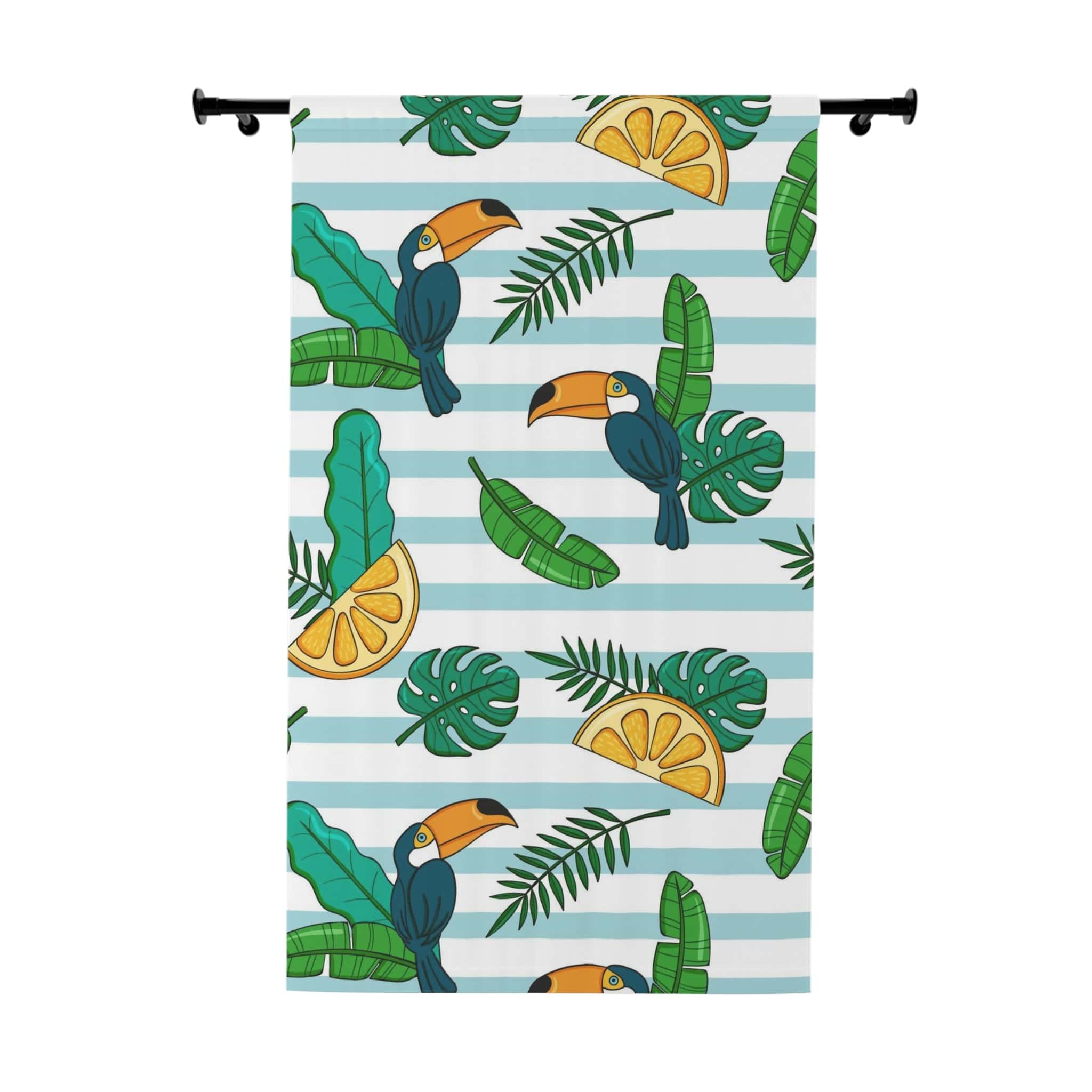Retro Tiki, Tropical Tucan Bird, Lemon, Blue And White Stripe, Beachy Vibe, Mod Blackout Window Curtains (1 Piece) Home Decor Blackout / 50" × 84"