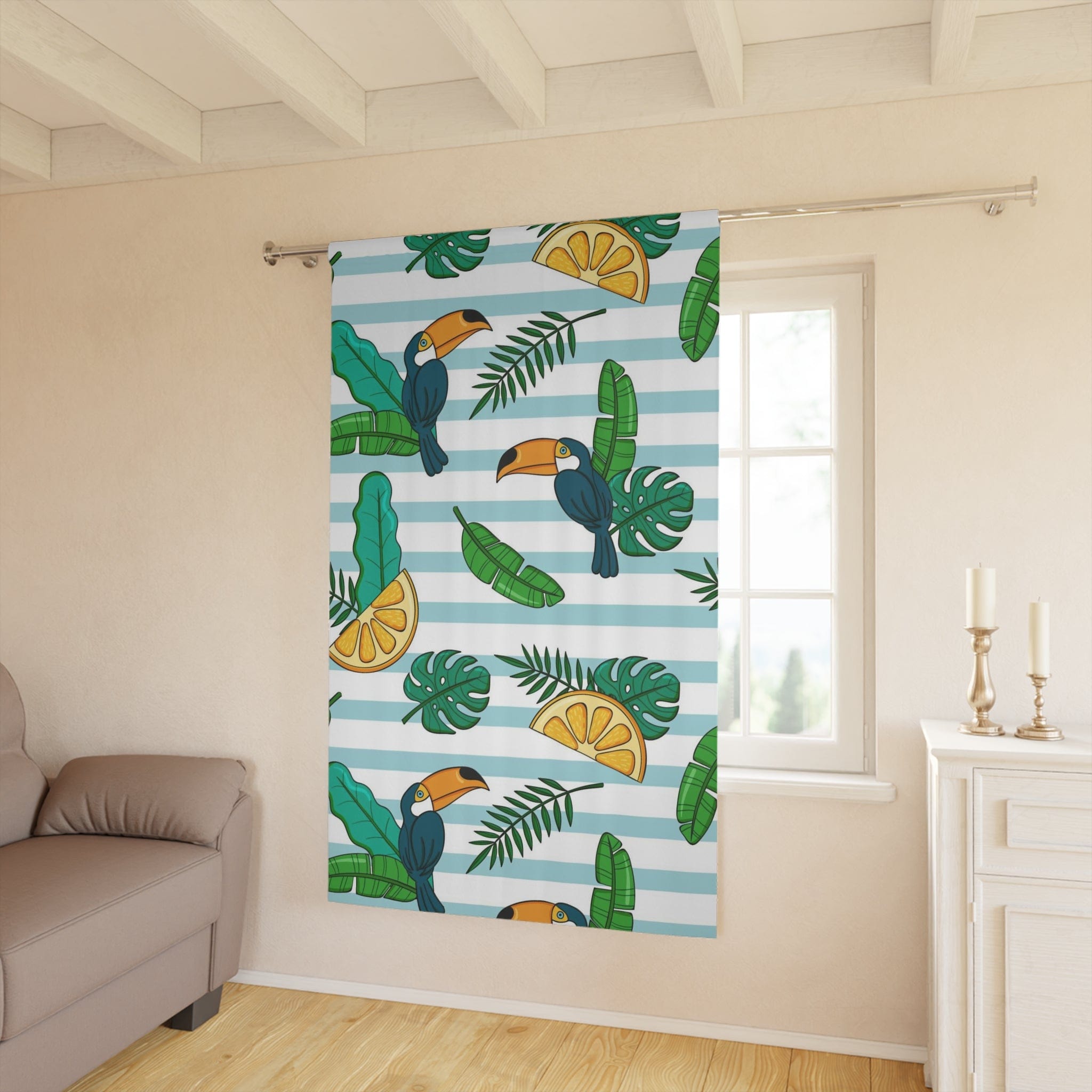 Retro Tiki, Tropical Tucan Bird, Lemon, Blue And White Stripe, Beachy Vibe, Mod Blackout Window Curtains (1 Piece) Home Decor Blackout / 50" × 84"