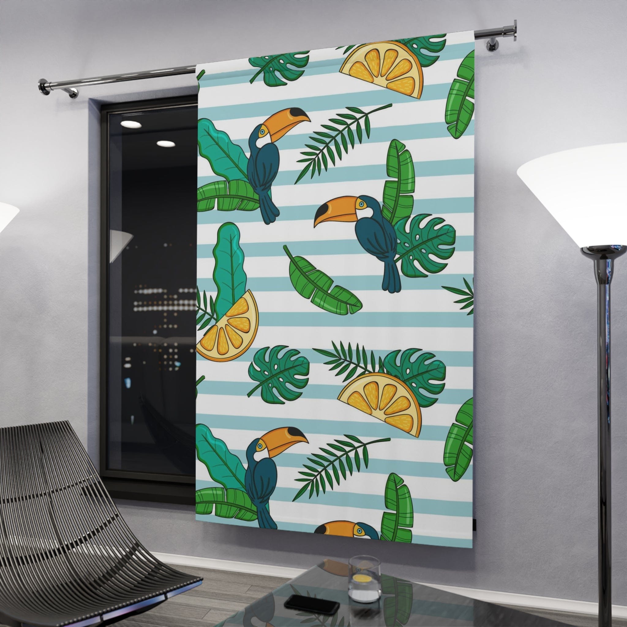 Retro Tiki, Tropical Tucan Bird, Lemon, Blue And White Stripe, Beachy Vibe, Mod Blackout Window Curtains (1 Piece) Home Decor Blackout / 50" × 84"