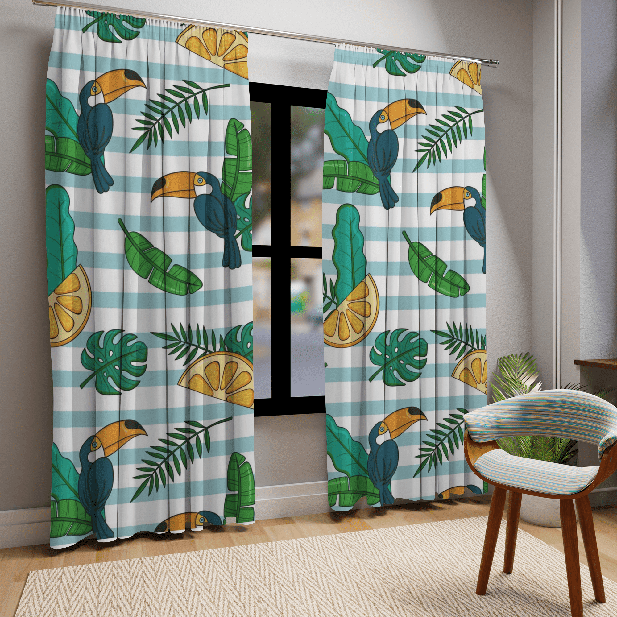 Retro Tiki, Tropical Tucan Bird, Lemon, Blue And White Stripe, Beachy Vibe, Mod Blackout Window Curtains (1 Piece) Home Decor Blackout / 50" × 84"