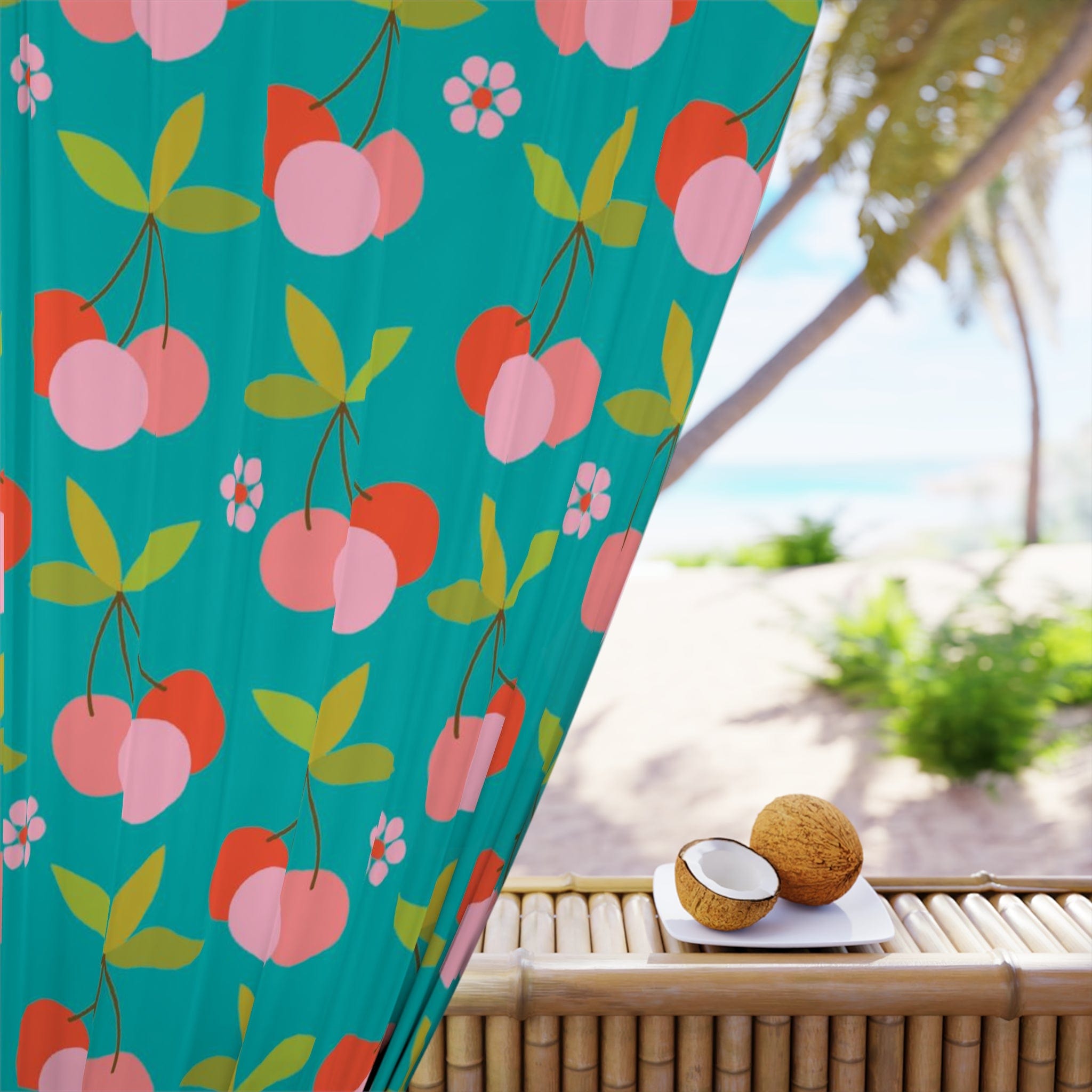 Retro Vintage Fruit Curtains, Cherries, Aqua Blue Mid Mod Black Out Window Curtains (1 Piece) Home Decor Blackout / 50" × 84"