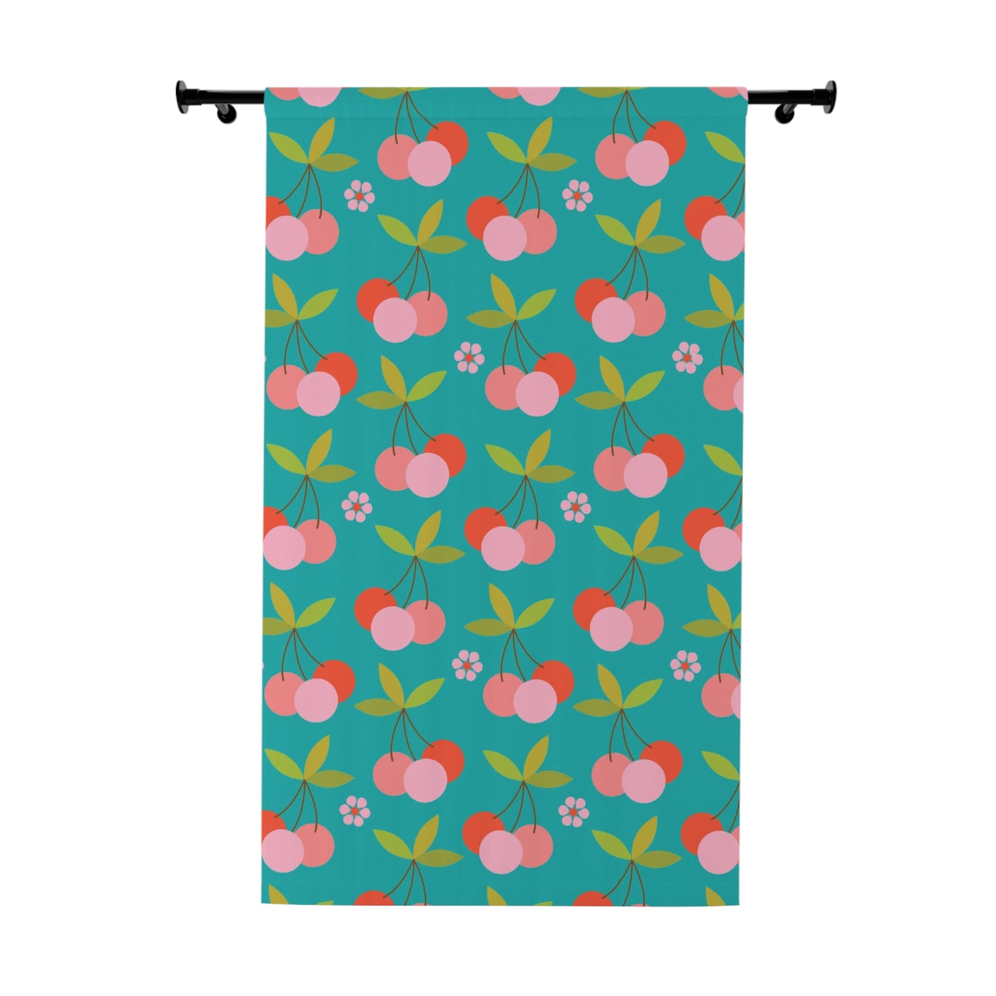 Retro Vintage Fruit Curtains, Cherries, Aqua Blue Mid Mod Black Out Window Curtains (1 Piece) Home Decor Blackout / 50" × 84"