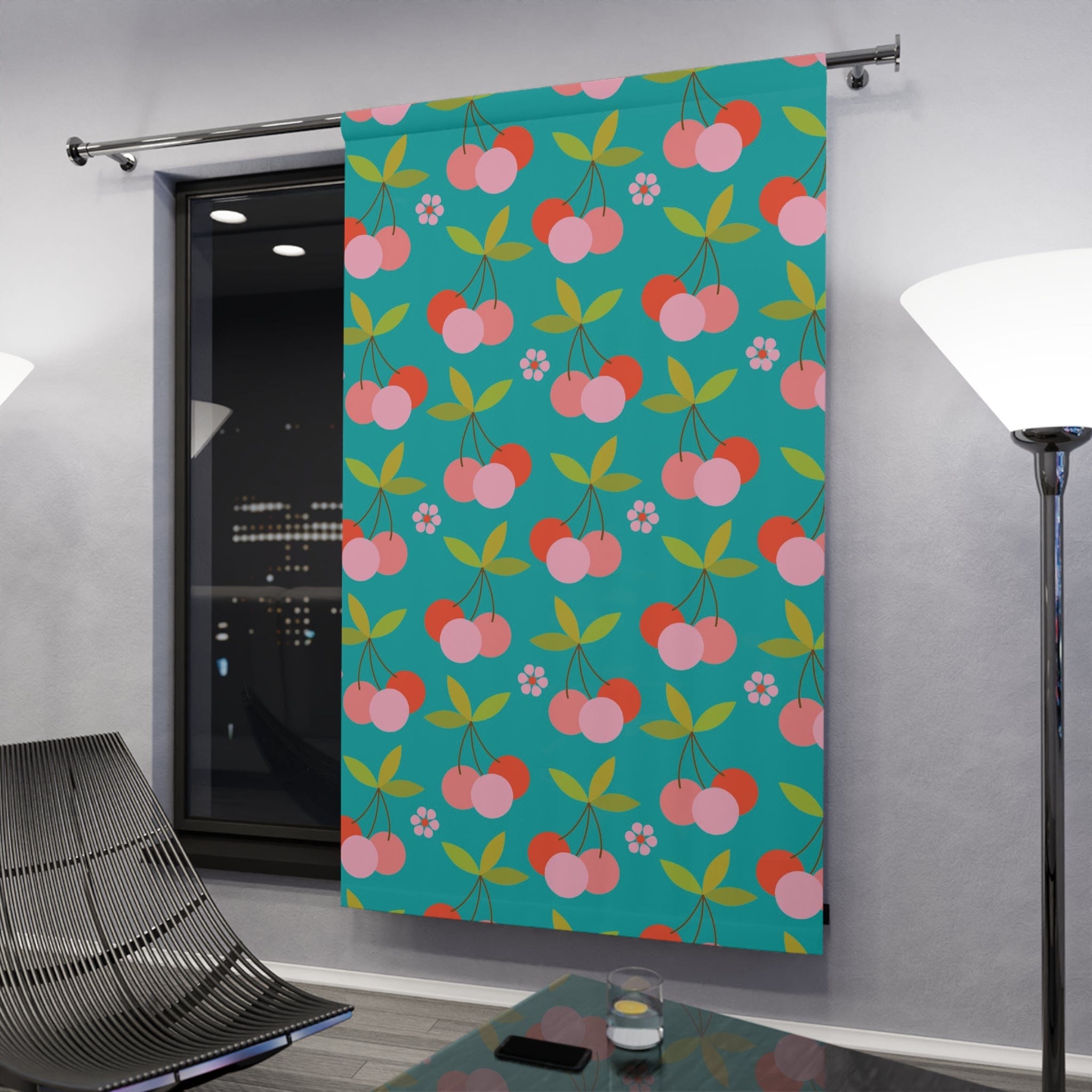 Retro Vintage Fruit Curtains, Cherries, Aqua Blue Mid Mod Black Out Window Curtains (1 Piece) Home Decor Blackout / 50" × 84"