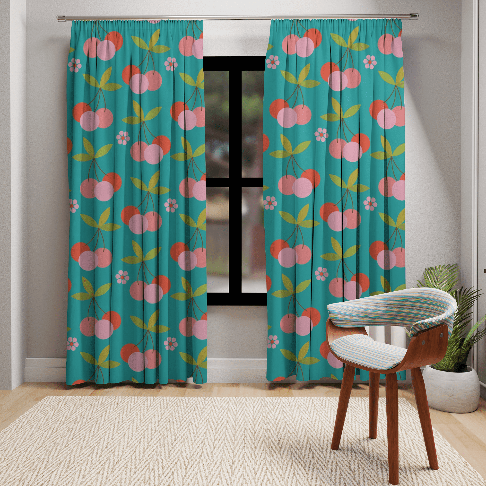 Retro Vintage Fruit Curtains, Cherries, Aqua Blue Mid Mod Black Out Window Curtains (1 Piece) Home Decor Blackout / 50" × 84"