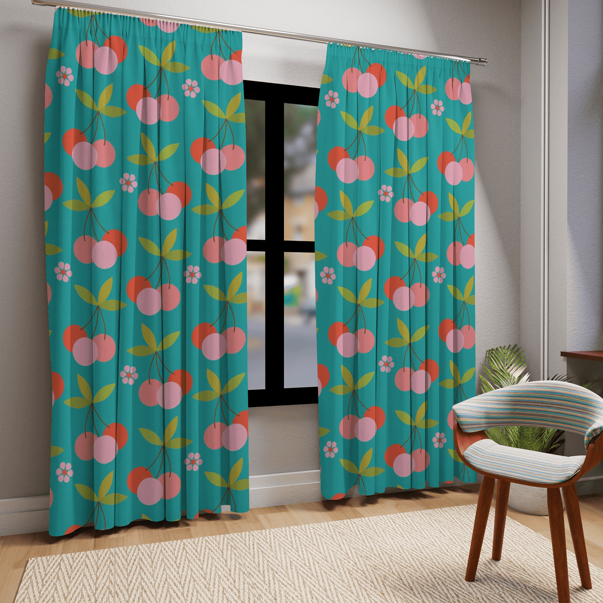Retro Vintage Fruit Curtains, Cherries, Aqua Blue Mid Mod Black Out Window Curtains (1 Piece) Home Decor Blackout / 50" × 84"
