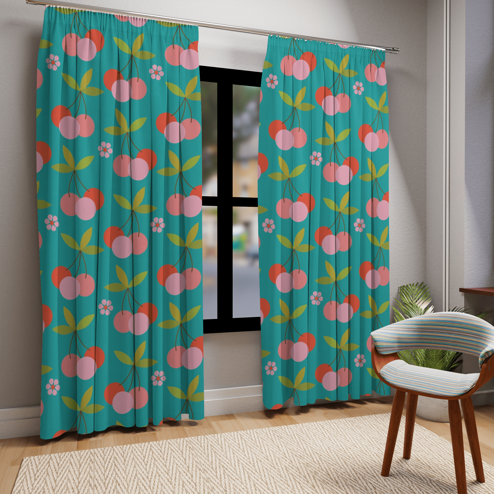 Retro Vintage Fruit Curtains, Cherries, Aqua Blue Mid Mod Black Out Window Curtains (1 Piece) Home Decor Blackout / 50" × 84"