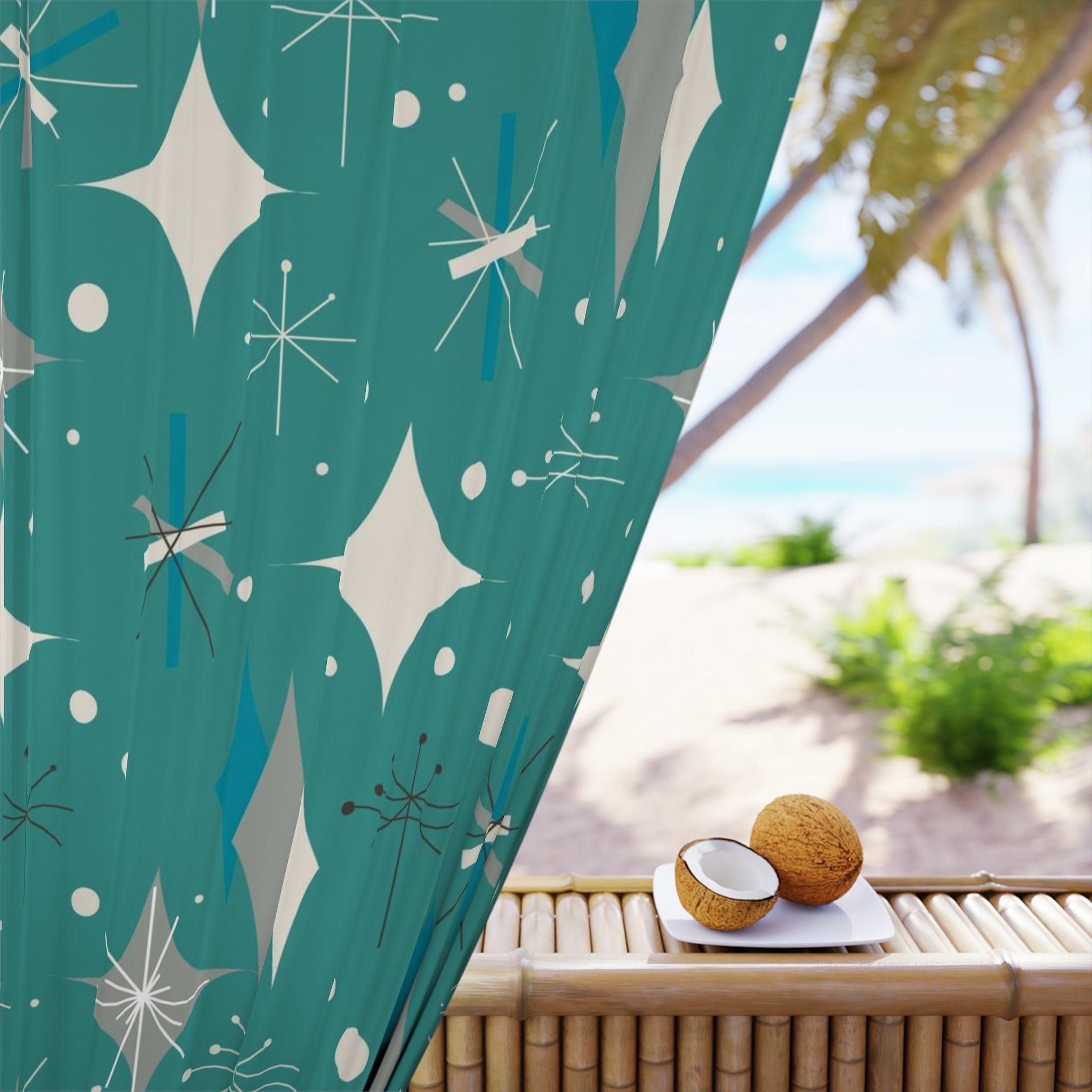 Sputnik Designs, Mid Century Modern Curtains, Teal Blue, Starburst, Sputnik Space Age Atomic 50&