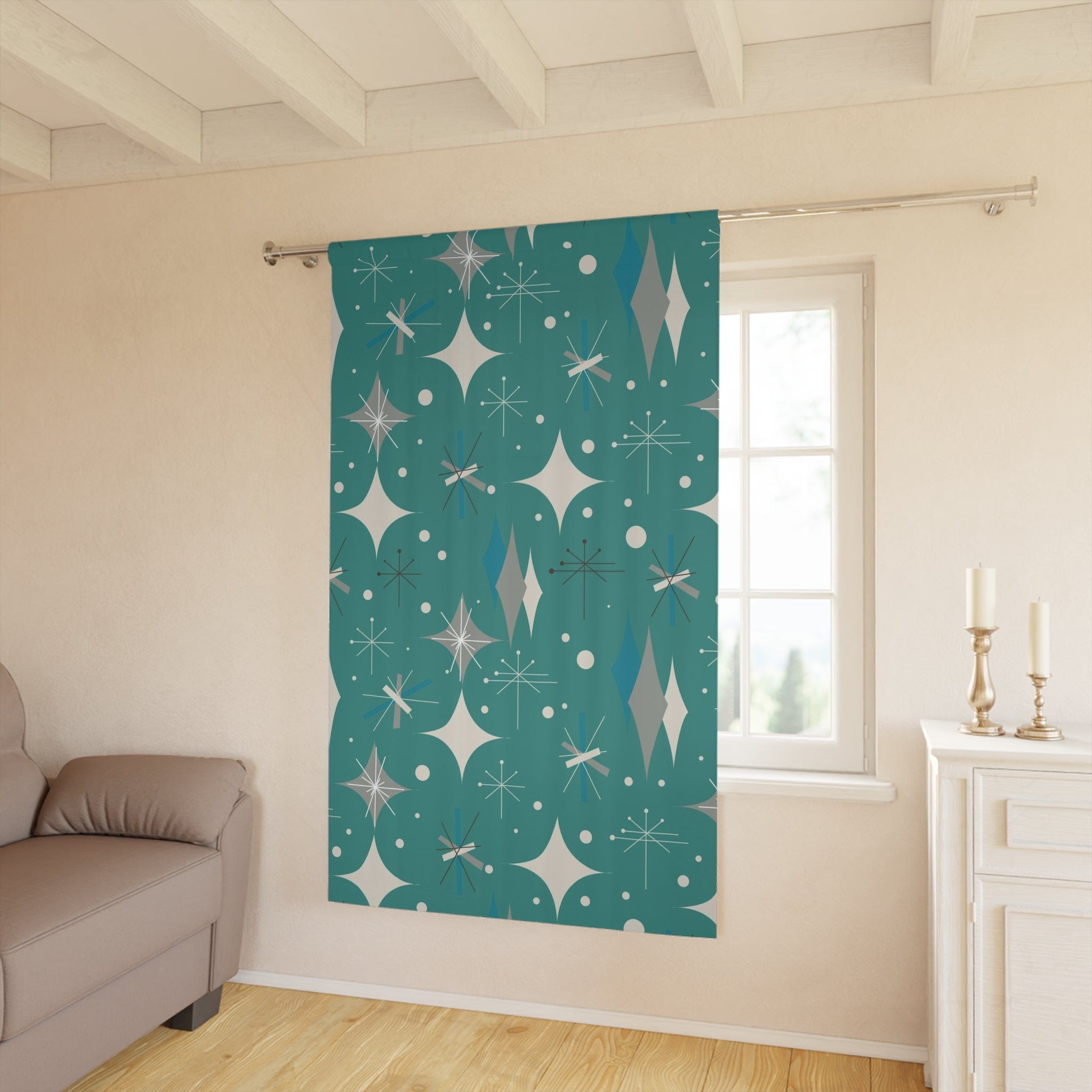 Sputnik Designs, Mid Century Modern Curtains, Teal Blue, Starburst, Sputnik Space Age Atomic 50&