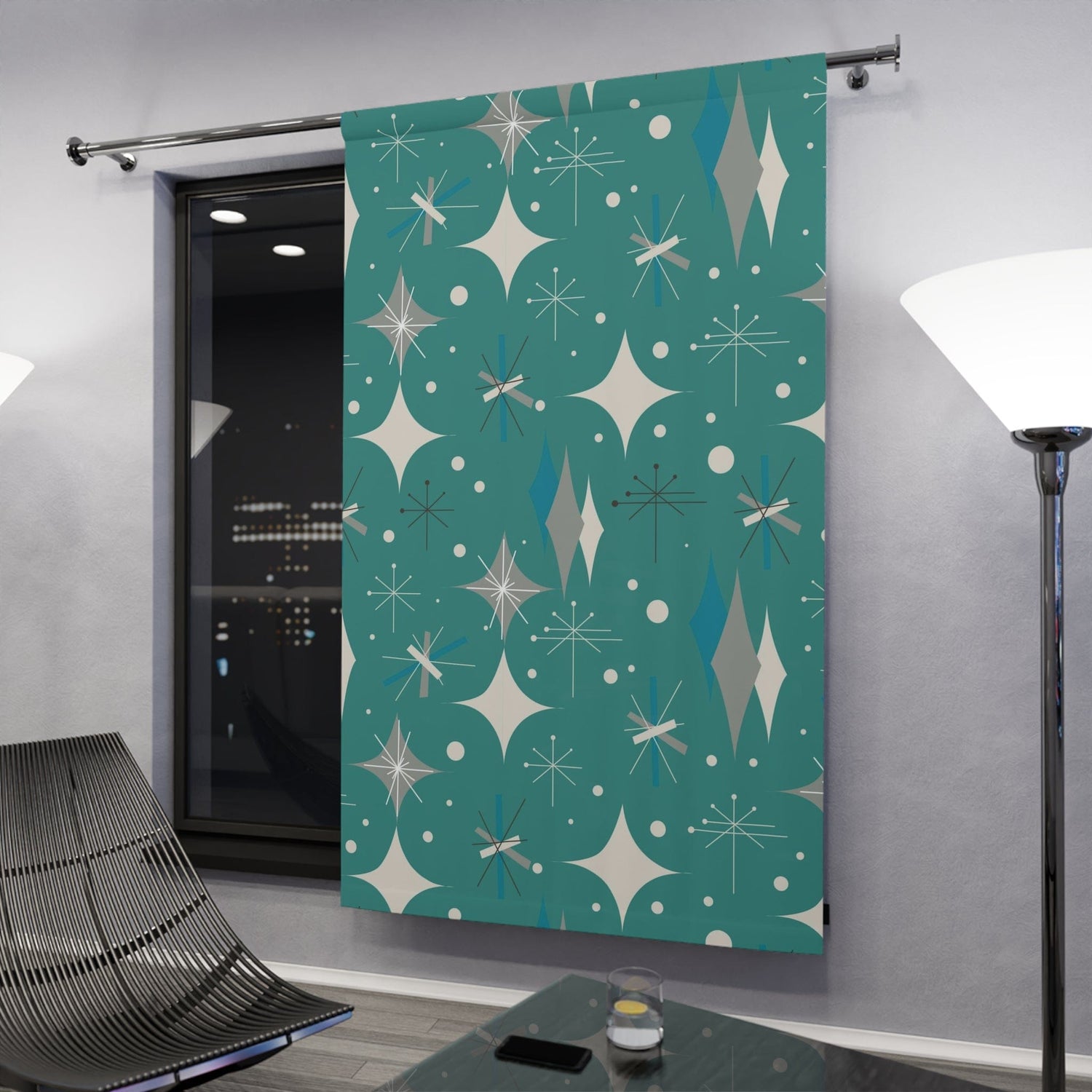 Sputnik Designs, Mid Century Modern Curtains, Teal Blue, Starburst, Sputnik Space Age Atomic 50&