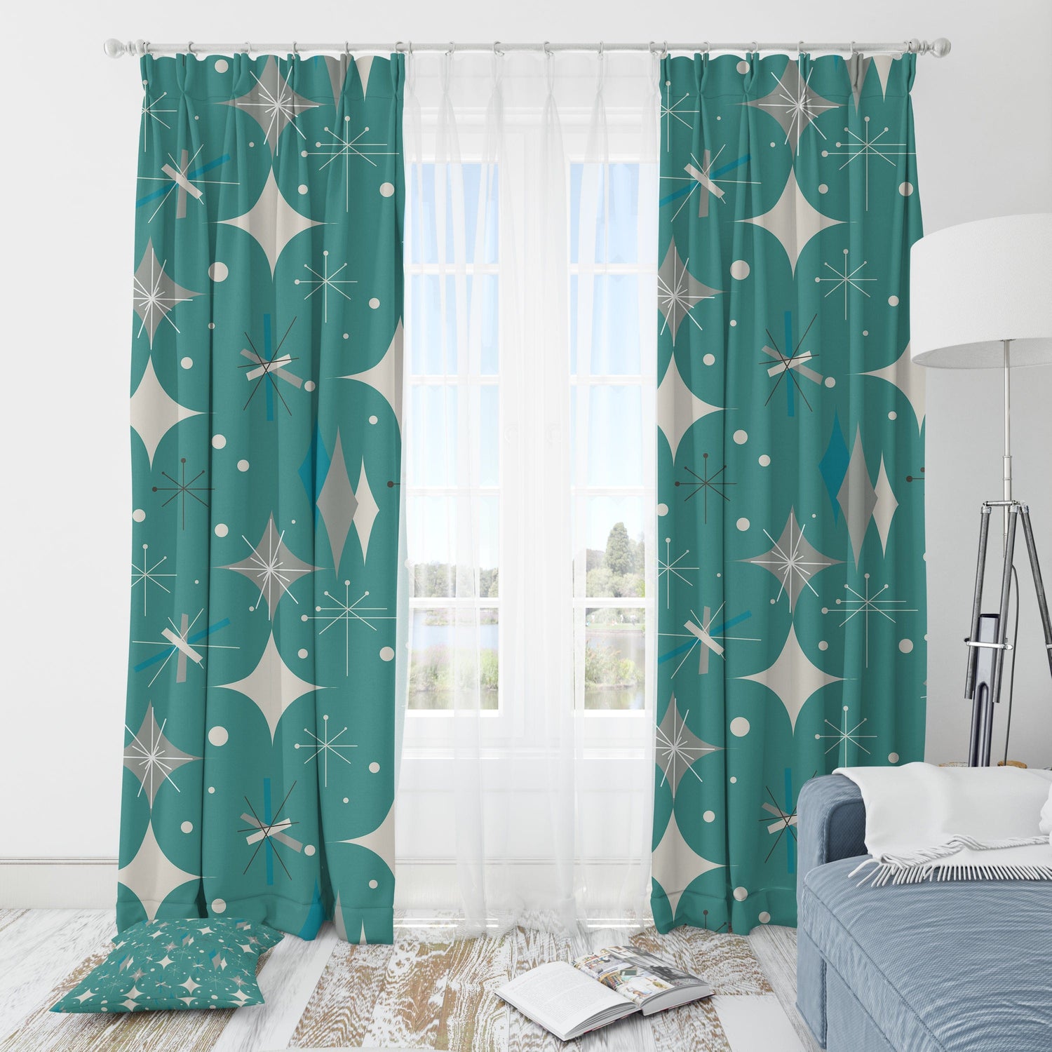Sputnik Designs, Mid Century Modern Curtains, Teal Blue, Starburst, Sputnik Space Age Atomic 50's Window Curtains Home Decor Blackout / 50" × 84"