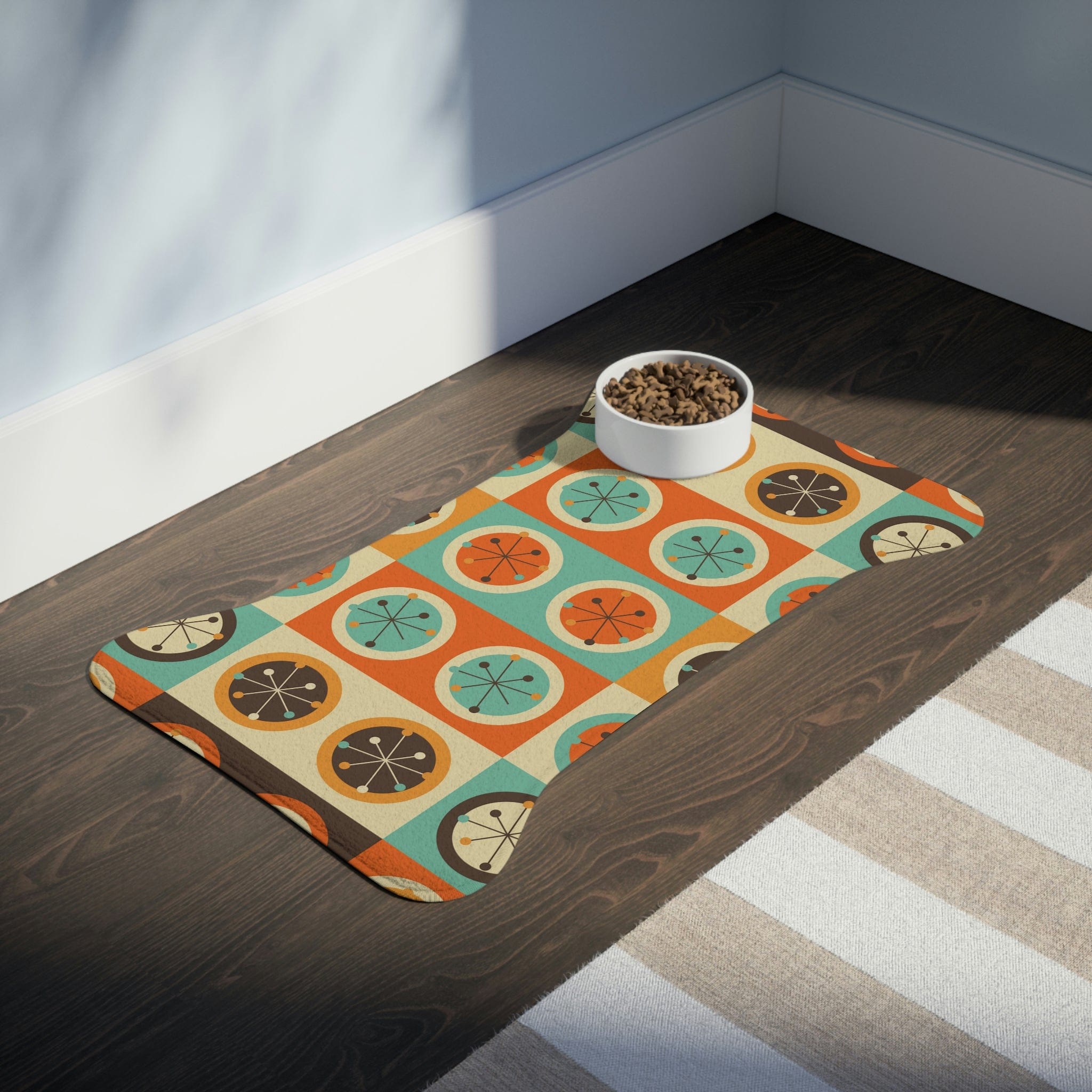 Mid Century Modern, Retro Geometric Circles, Starburst, Dog, Cat, Pet Feeding Mats Pets Bone shape (30" × 18") / White