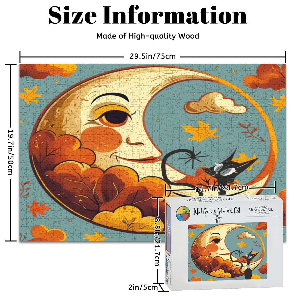 Atomic Celestial Moon, Kitschy Atomic Cat Harvest Halloween Wooden Jigsaw Puzzle - Mid Century Modern Gal