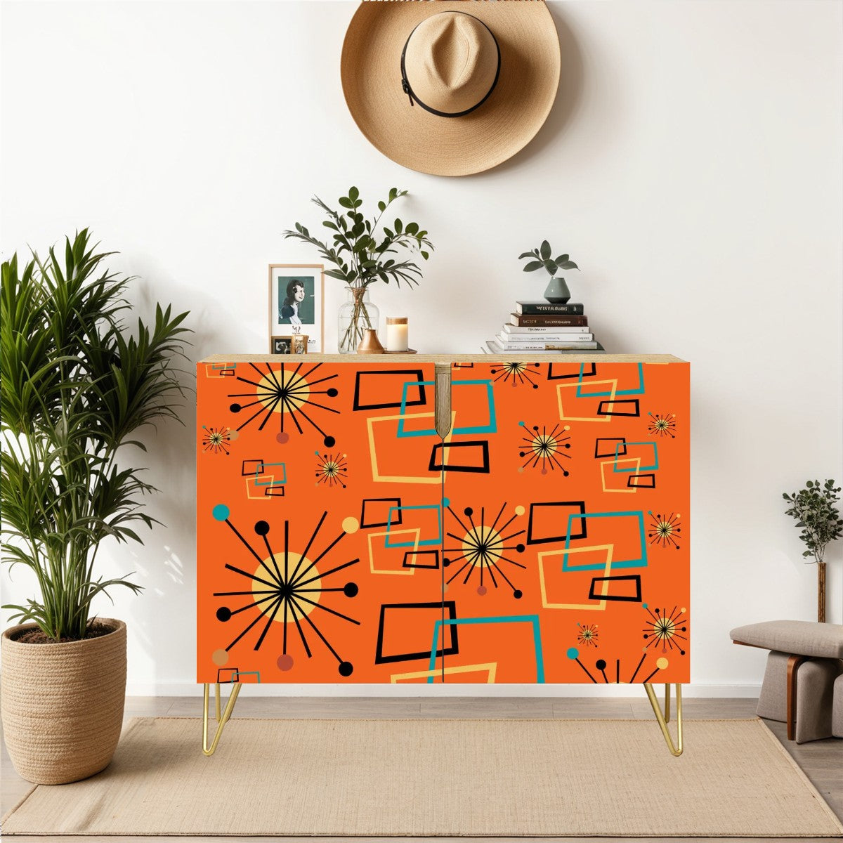 Mid Century Modern Orange Geometric Mod Retro Wooden Storage Cabinet - Mid Century Modern Gal