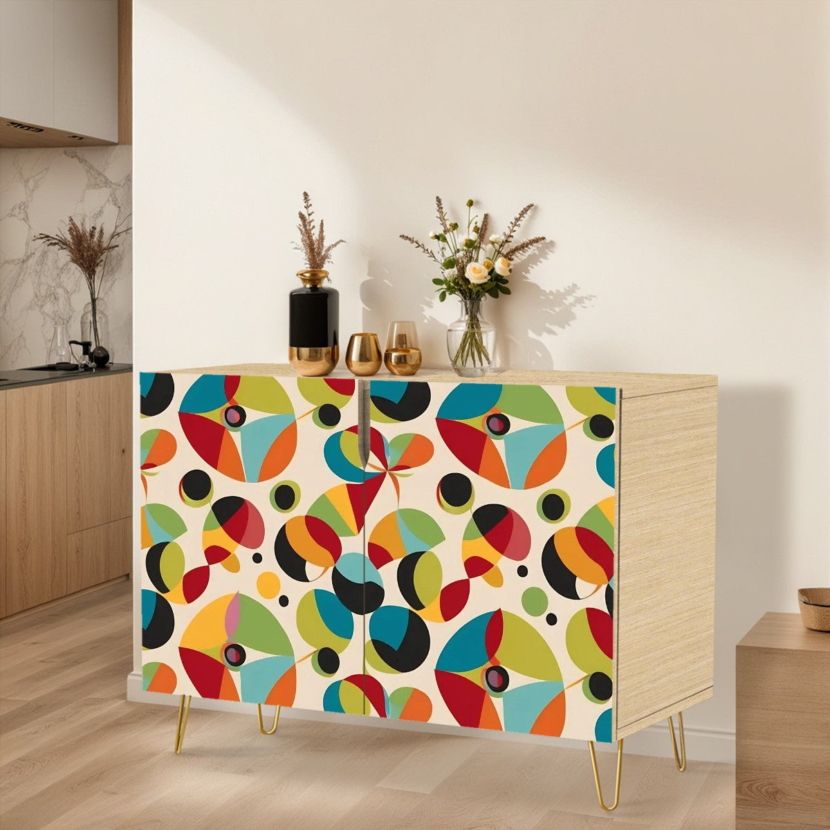 Mid Mod Retro Groovy Orbs, Abstract, Mid Century Modern Sideboard, Credenza, Bar, TV Cabinet - Mid Century Modern Gal