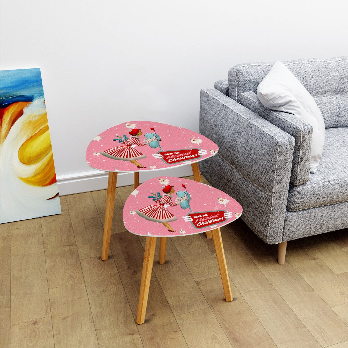Mid Century Modern 50s Christmas Kitsch Atomic Pink Santa Retro Mod Gal Holiday Nesting Tables - Mid Century Modern Gal