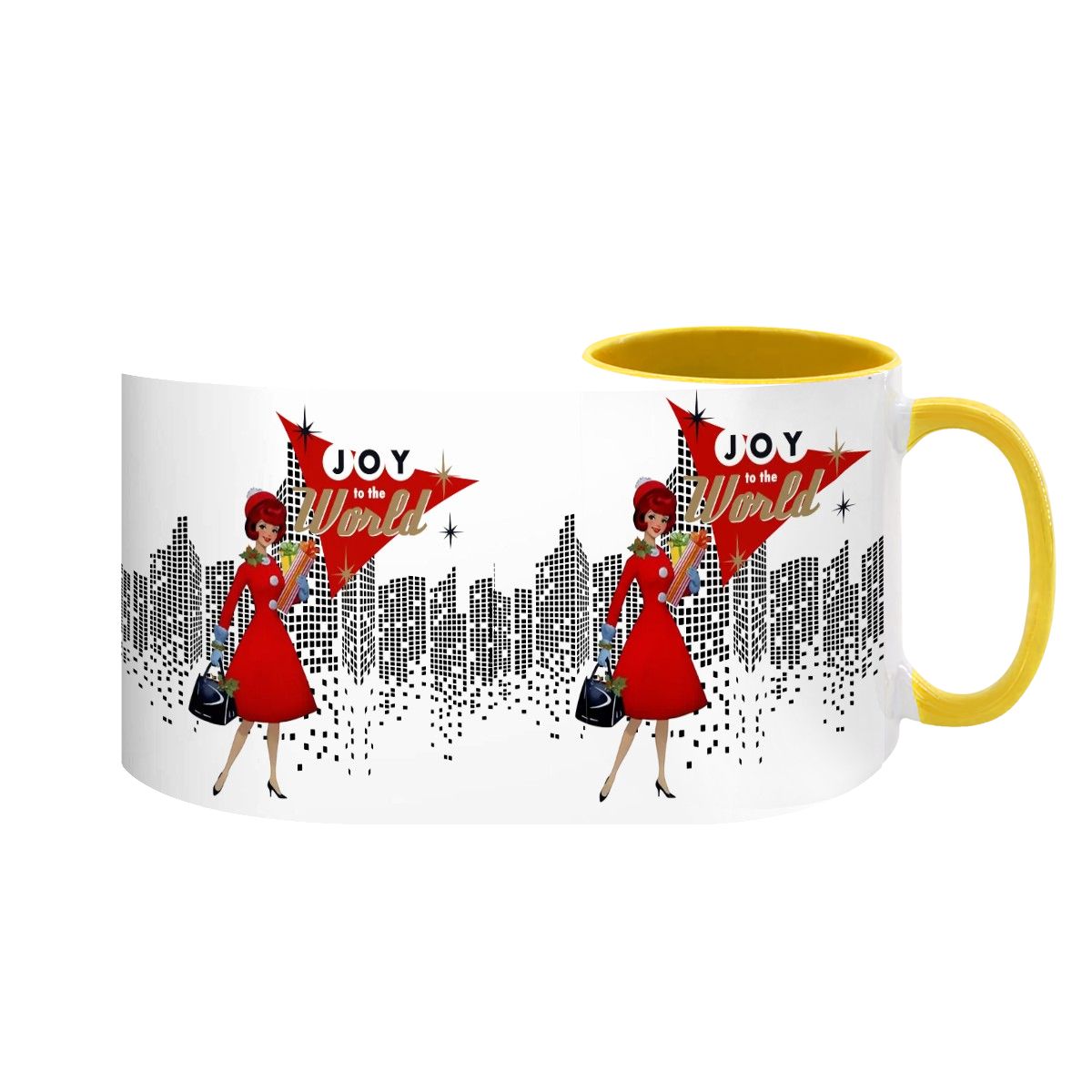 Mid Century Modern holiday mug featuring a cityscape design with "Joy to the World" and a stylish woman in red.