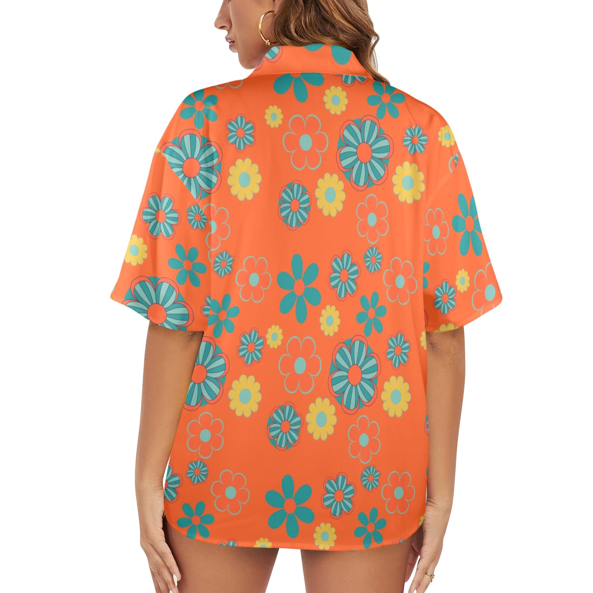 Atomic Cat Retro Flower Power Groovy Summer Hawaiin Women's Shirt - Mid Century Modern Gal