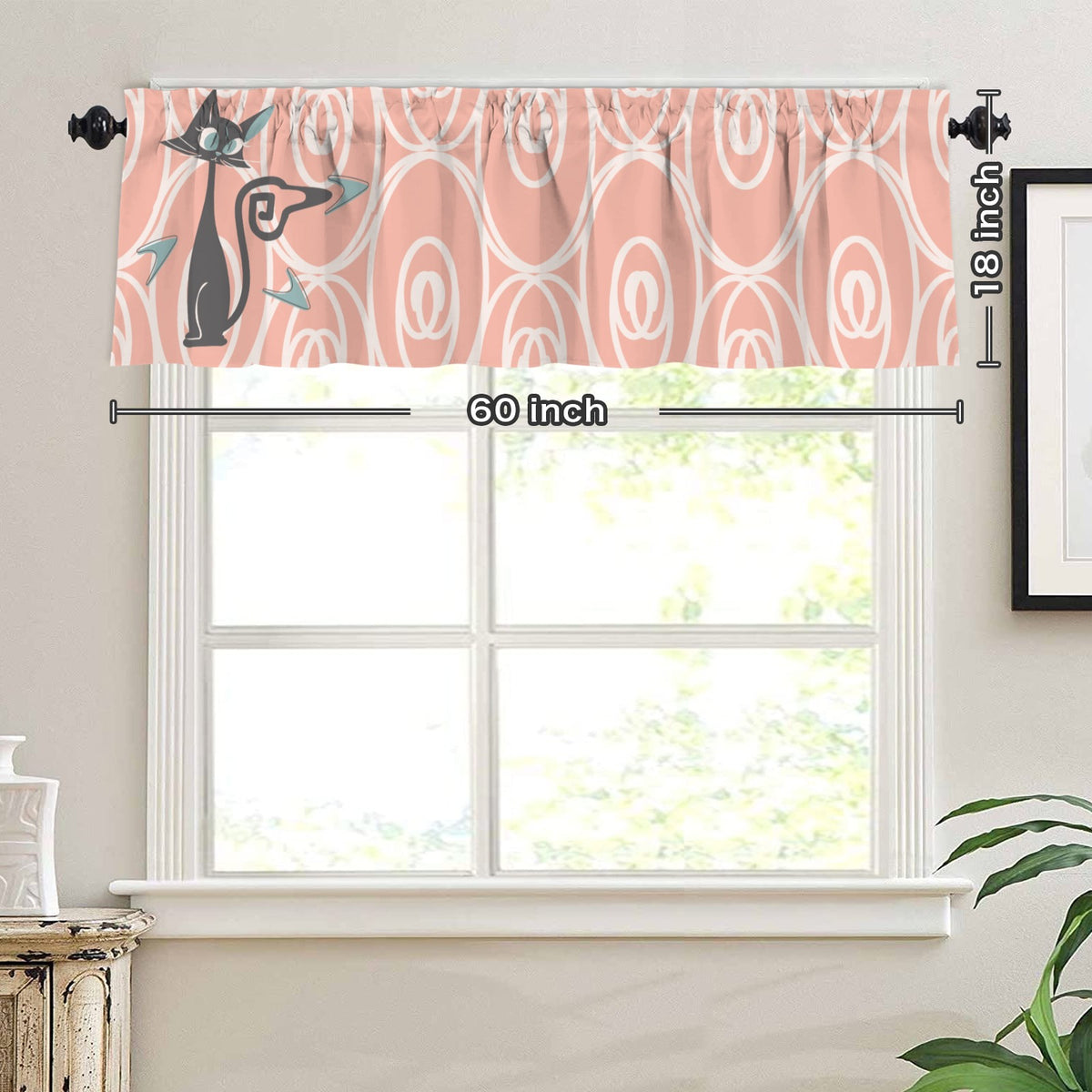 Atomic Kitschy Cat Coral Mid Mod Kitchen Window Valance - Mid Century Modern Gal