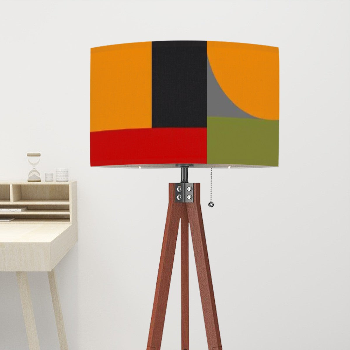 Mid Century Modern Wood, Linen Shade Tripod Floor Lamp Geometric Mod Design - Mid Century Modern Gal