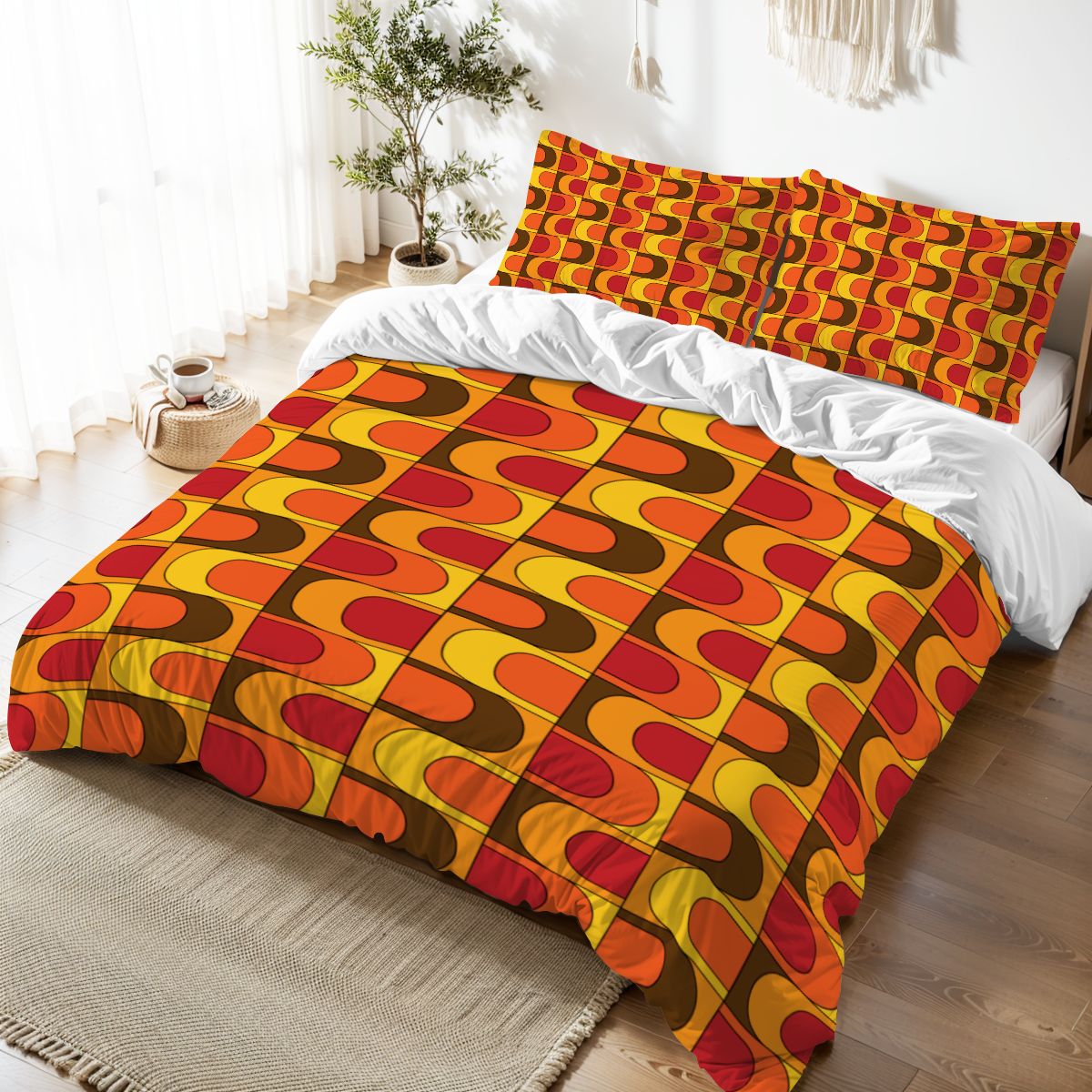 Retro 70s Mid Mod Groovy Orange, Brown Yellow, Red, MCM Queen Duvet Cover Set - Mid Century Modern Gal