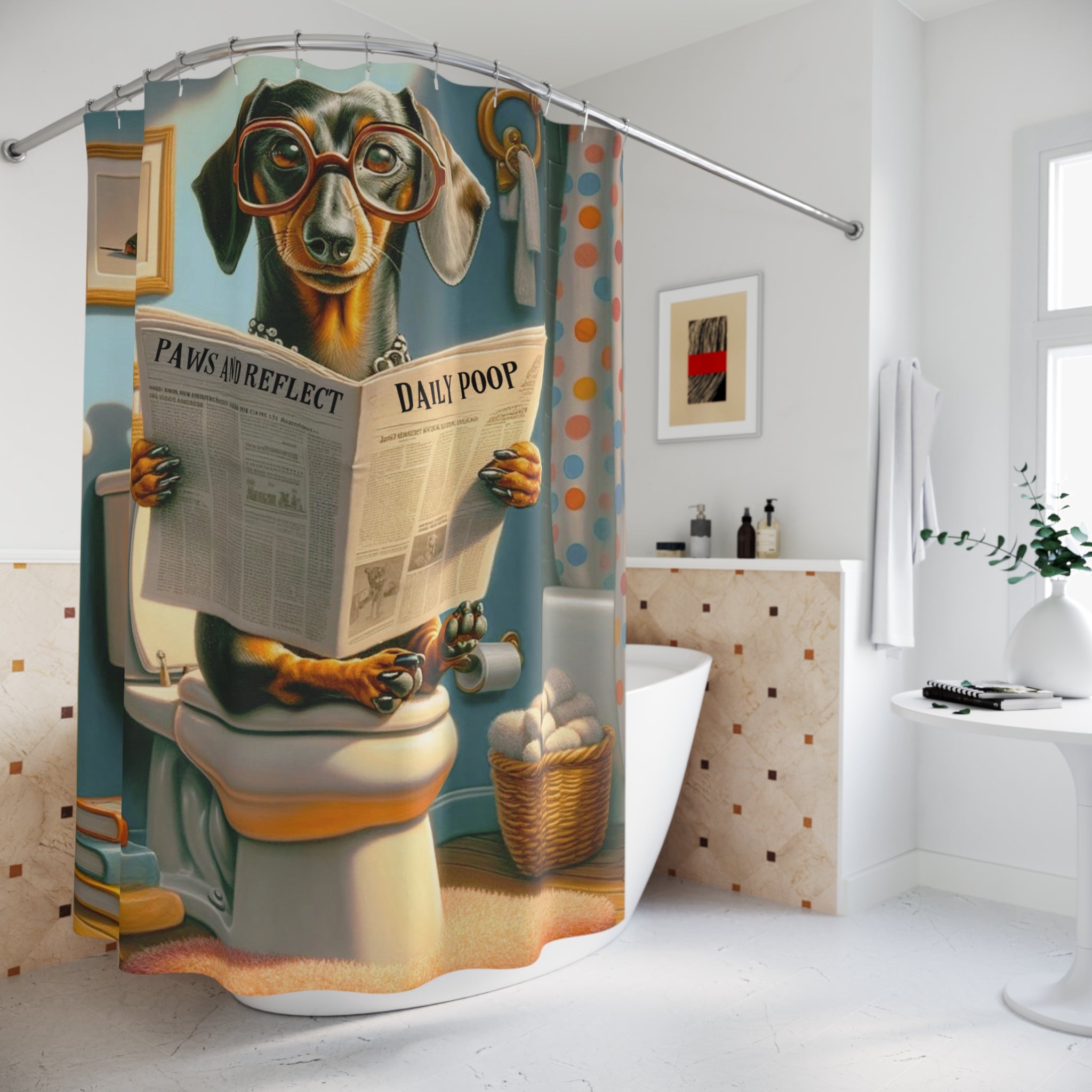 Mid Century Modern Dachshund Doxie Dog Funny Bathroom Humor Retro Style Shower Curtains - Mid Century Modern Gal