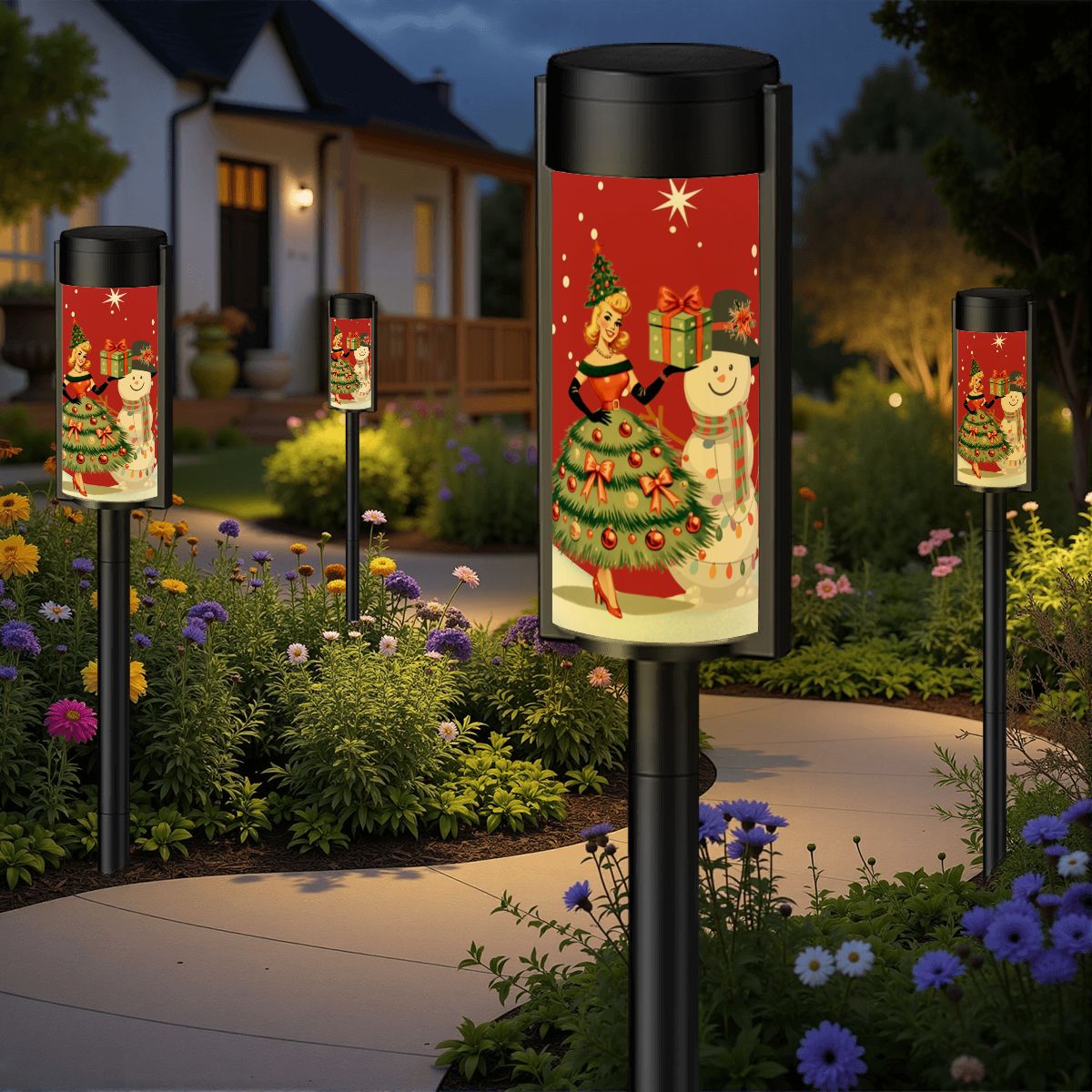 50s Holiday Kitsch Christmas Mod Gal And Snowman Retro MCM Outdoor Solar Lights - Mid Century Modern Gal