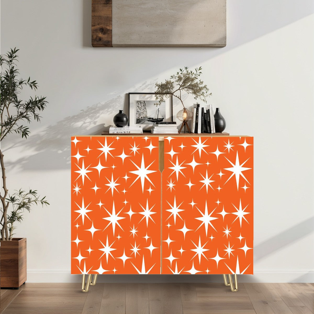 Sinatra Orange, Mid Century Modern Starburst Retro Mod Wooden Storage Cabinet - Mid Century Modern Gal