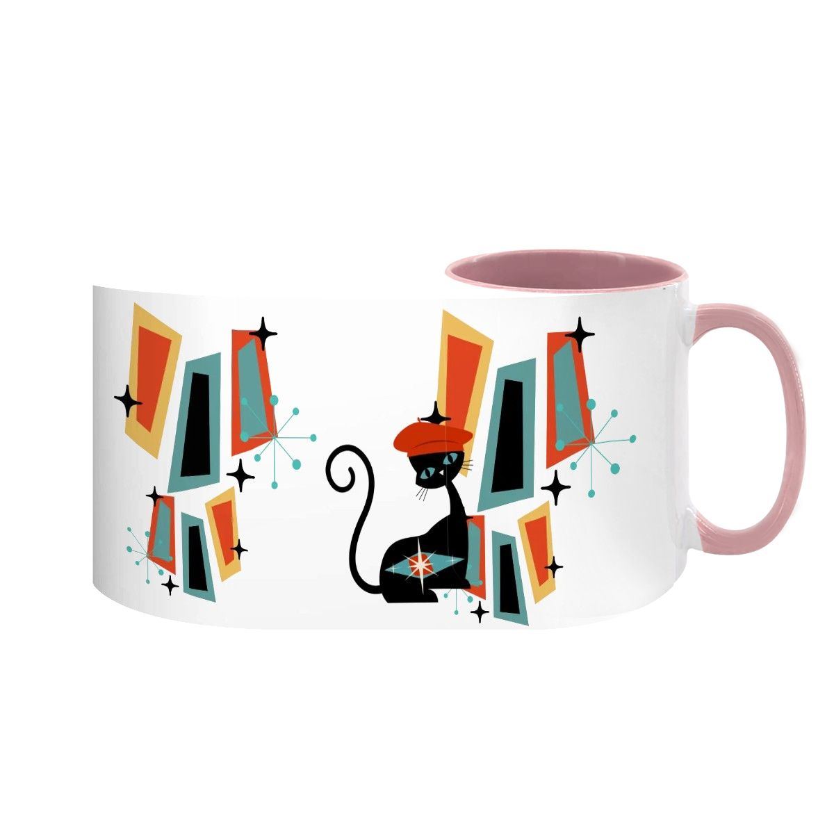 Mid Century Modern coffee mug featuring an atomic cat design with geometric shapes in vibrant colors.