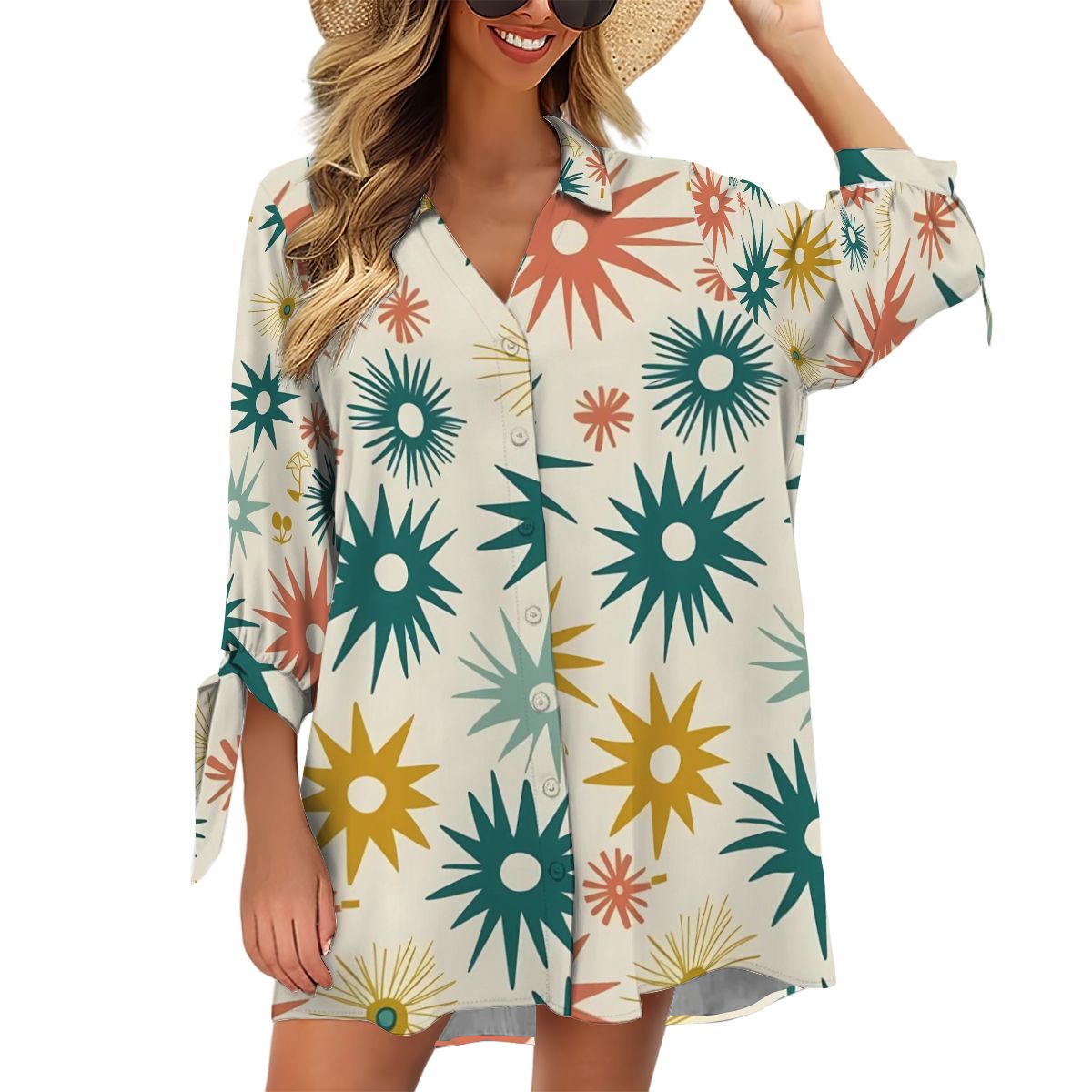 Atomic Starburst Mid Mod Retro Women's Cardigan Shirt Three-Quarter Sleeve Cover Up, Blouse - Mid Century Modern Gal
