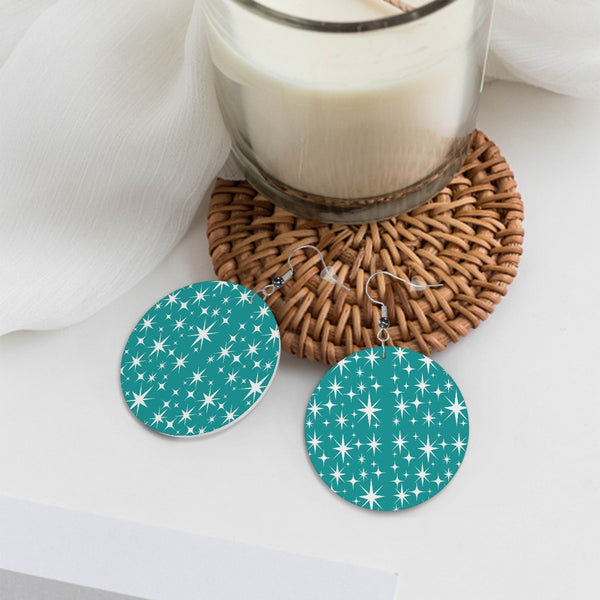 Atomic Starburt Kitschy Mod Teal Faux Leather Round Earrings
