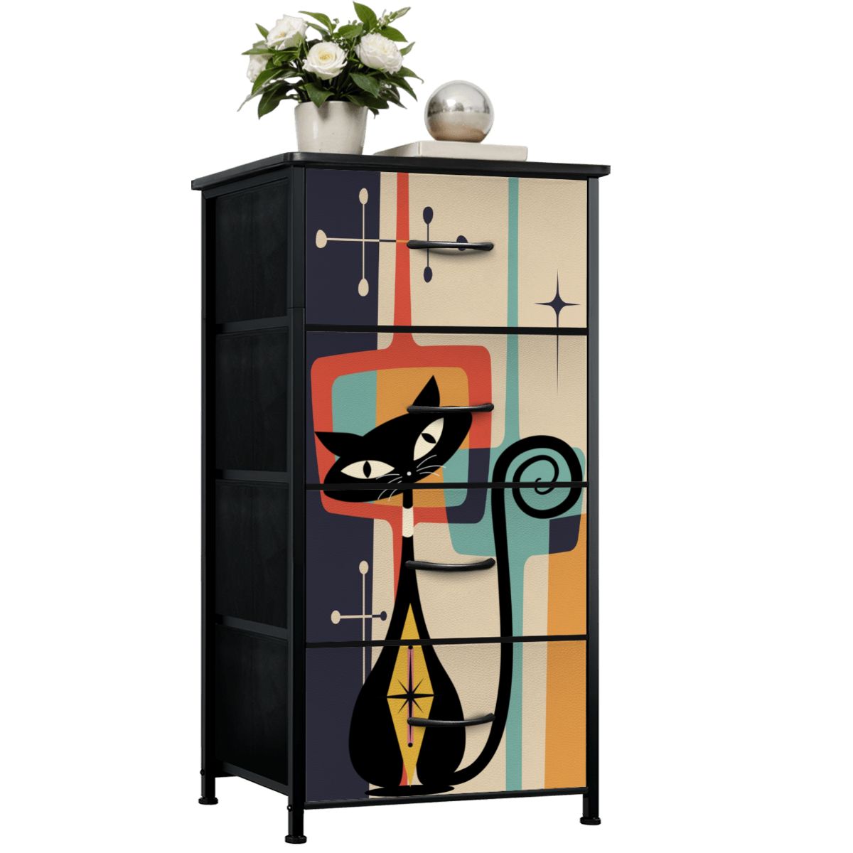 Mid Century Modern Atomic Cat, Mid Mod Geometric Designed 4-Drawer Dresser - Mid Century Modern Gal