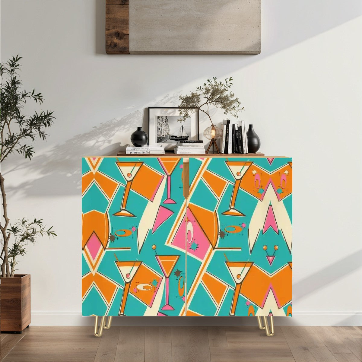 Mid Century Modern Barware Cabinet, Kitschy Mod Orange, Teal, Hot Pink Sideboard Credenza - Mid Century Modern Gal
