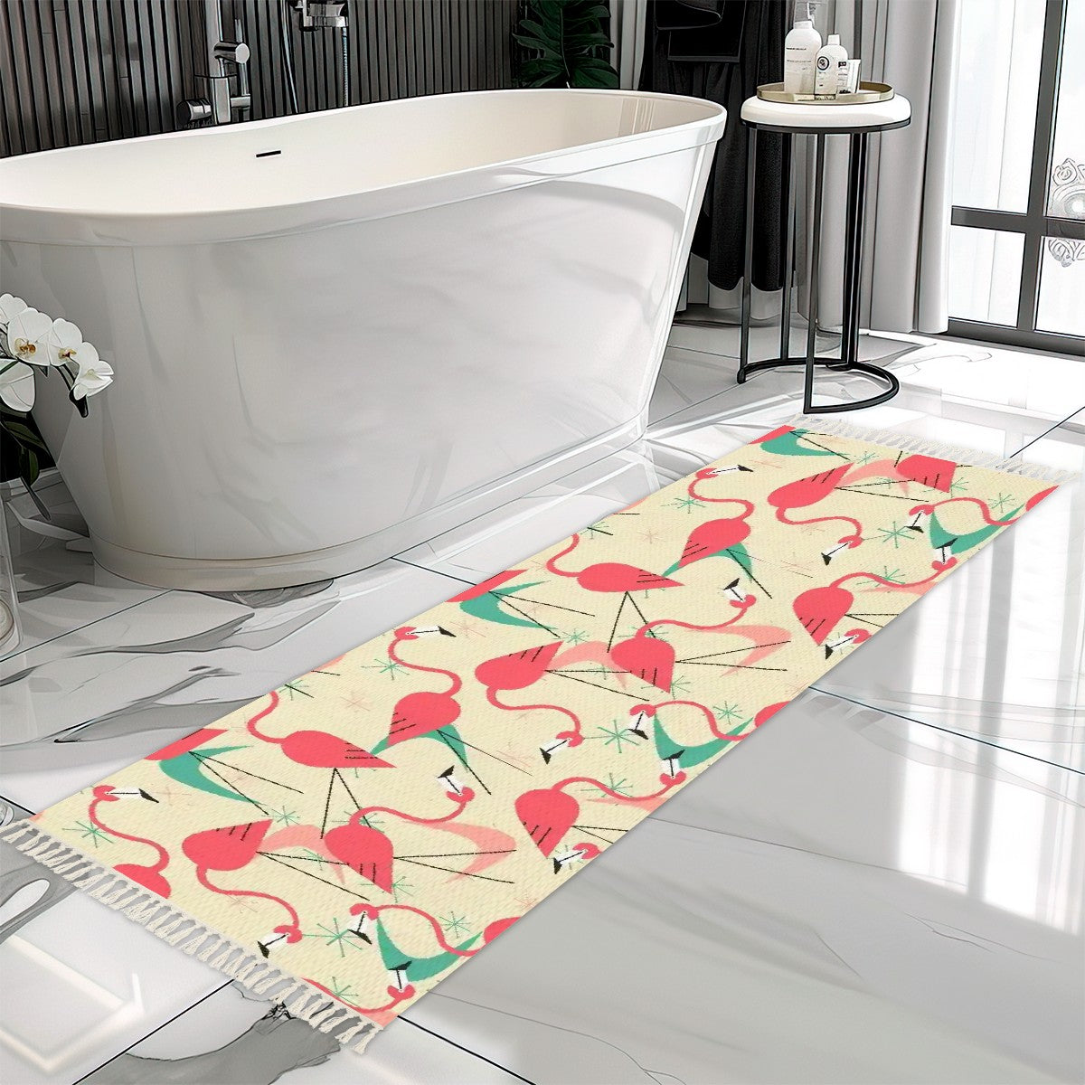 Mid Century Modern Kitschy Fun Dancing Flamingos Rug Runner With Tassels - Mid Century Modern Gal