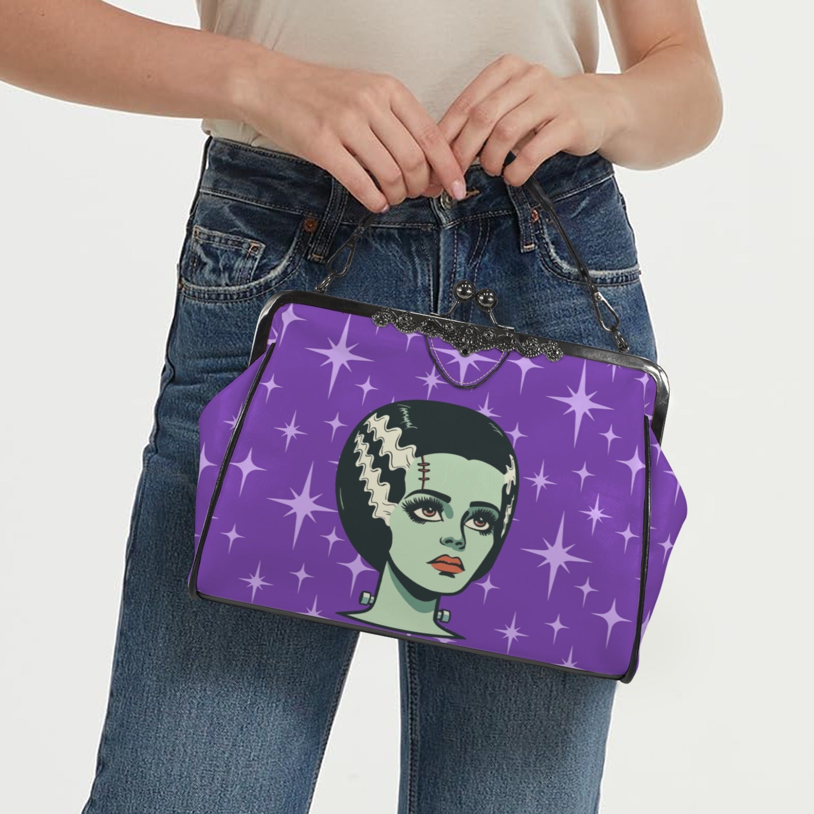 Bride of Frankenstein Retro Mid Mod Horror Buff Purple Halloween Kisslock Crossbody Purse - Mid Century Modern Gal