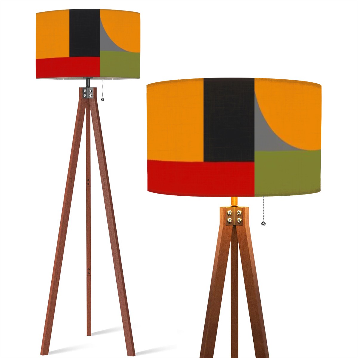 Mid Century Modern Wood, Linen Shade Tripod Floor Lamp Geometric Mod Design - Mid Century Modern Gal
